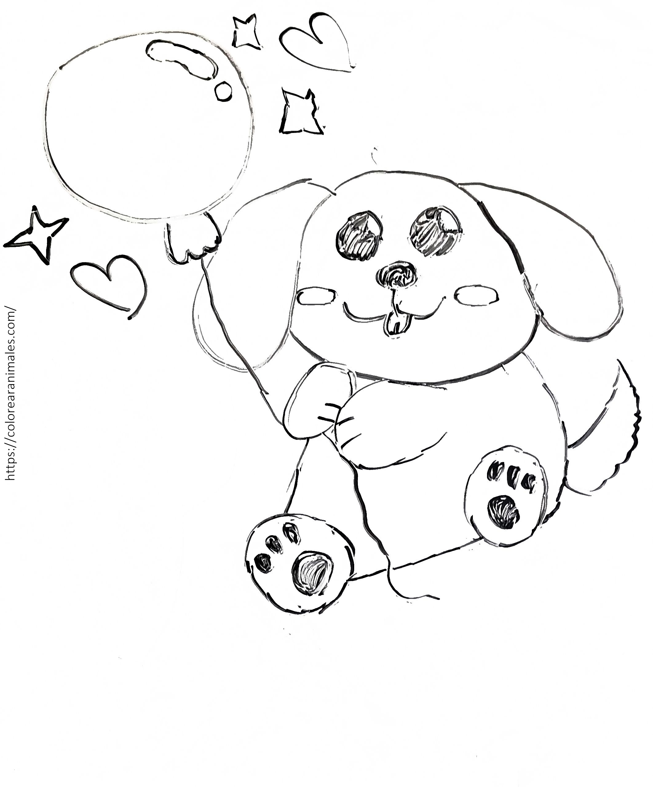 Dibujo para colorear de un perrito kawaii con un globo, estrellas y corazones