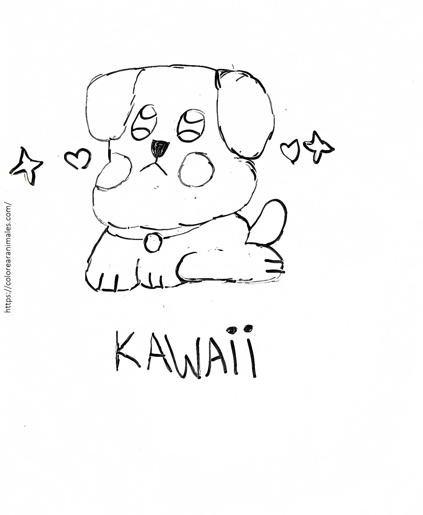 Dibujo para colorear de un perrito kawaii sentado con collar entre estrellas y corazones