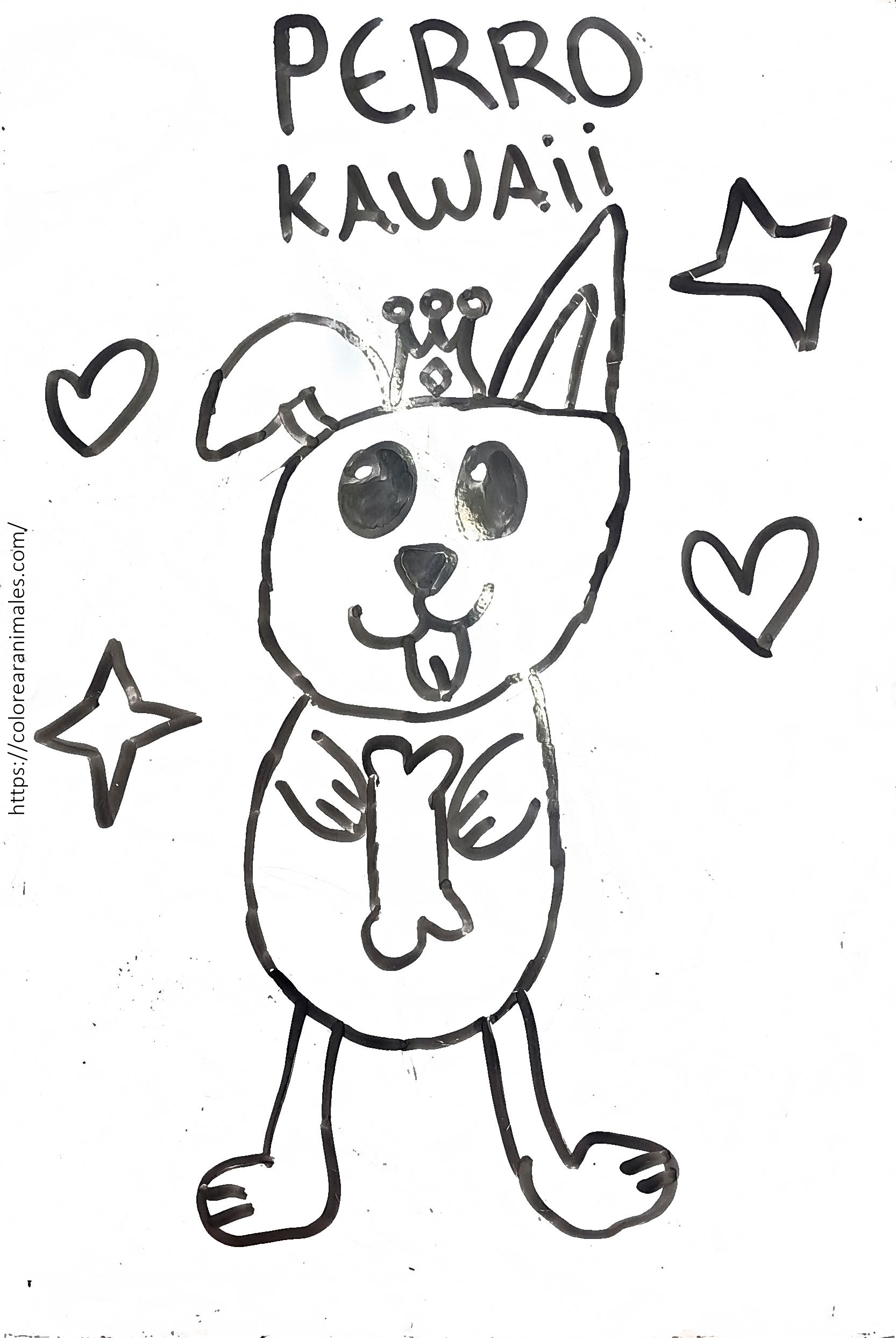 Dibujo para colorear de un perrito kawaii con corona sujetando un hueso