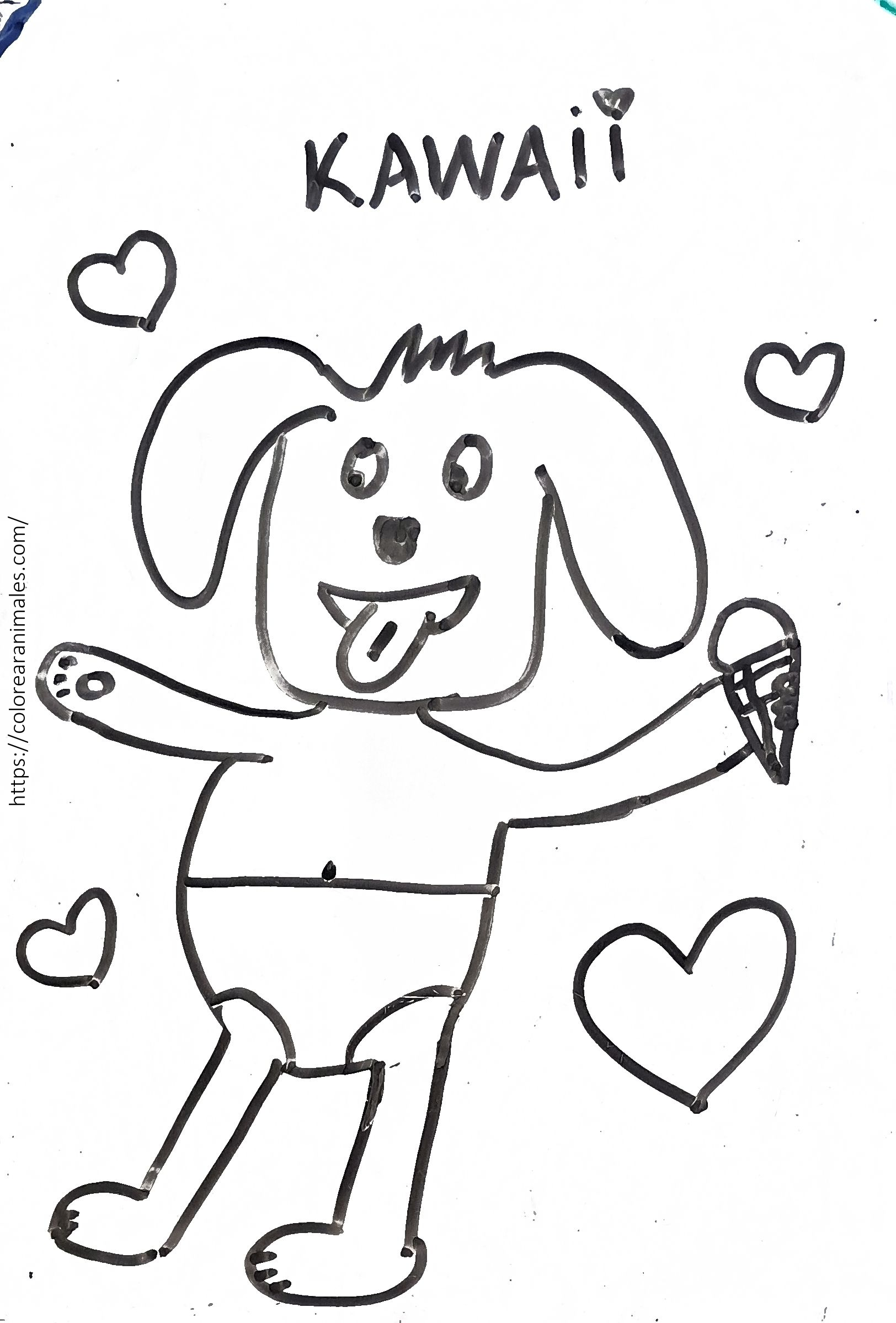 Dibujo para colorear de un perrito kawaii de pie con un helado y corazones