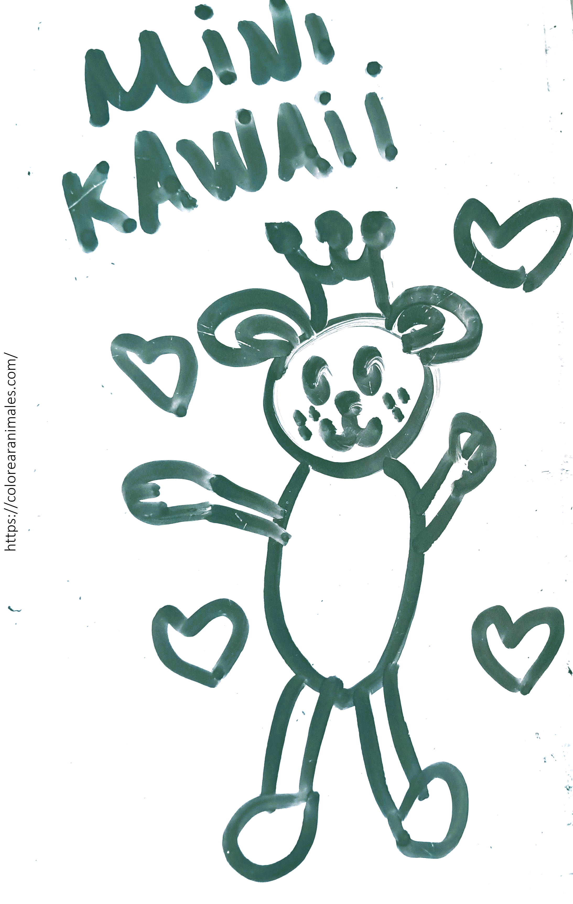 Dibujo para colorear de un perrito mini kawaii con corona y los brazos levantados