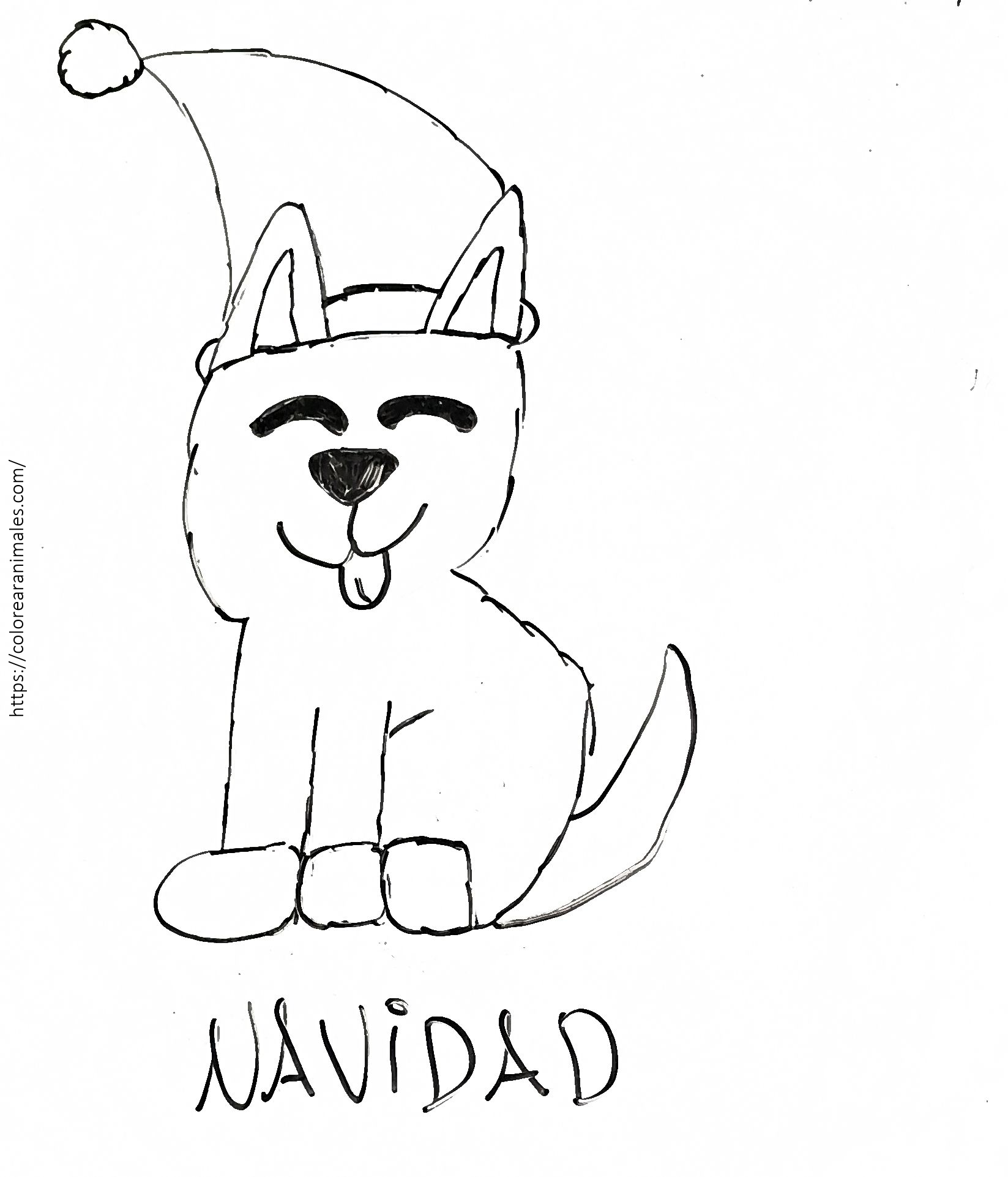 Dibujo para colorear de un perro husky de Navidad con gorro de Papá Noel