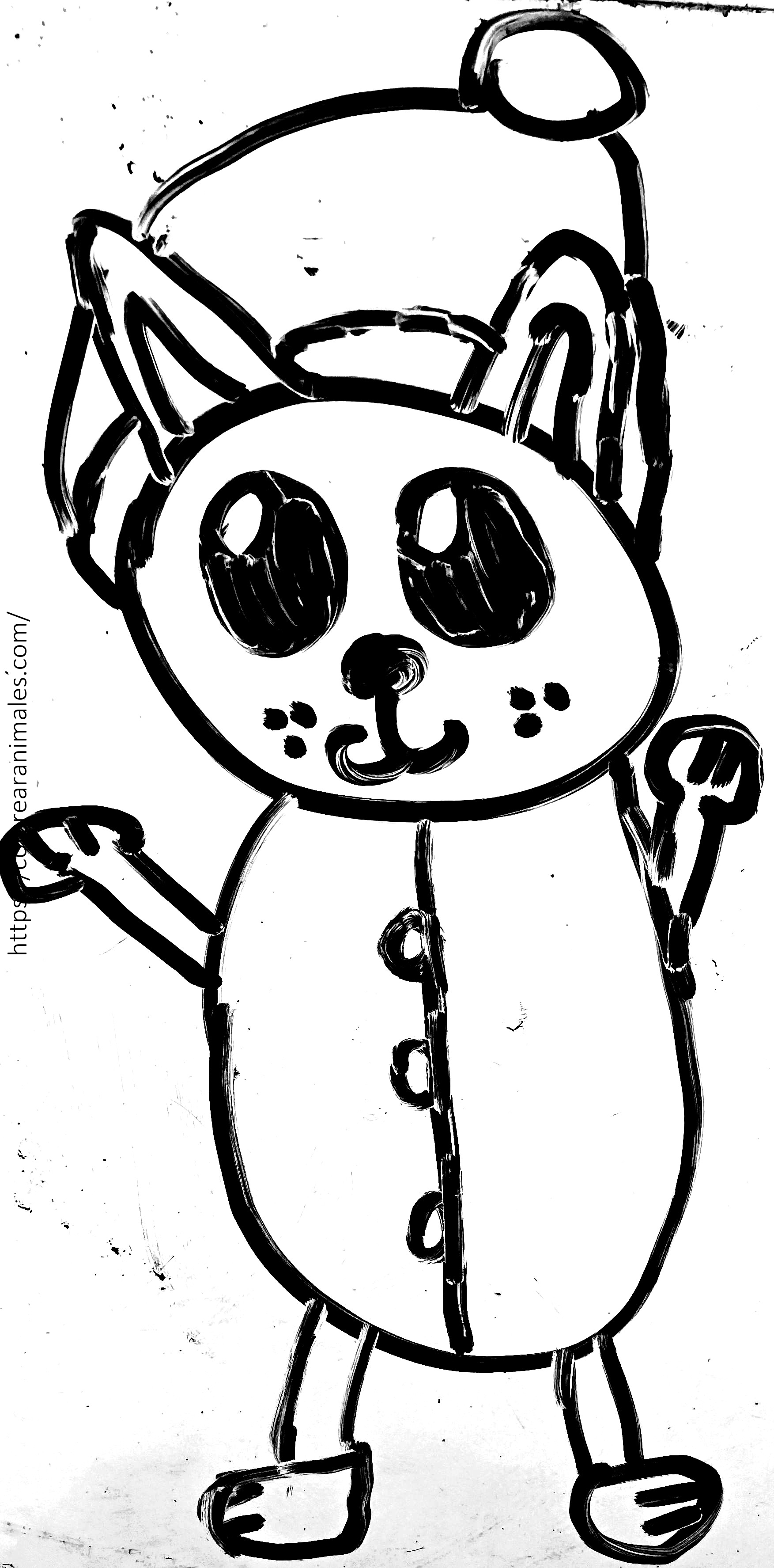 Dibujo para colorear de un perro de Navidad con gorro de Papá Noel y abrigo