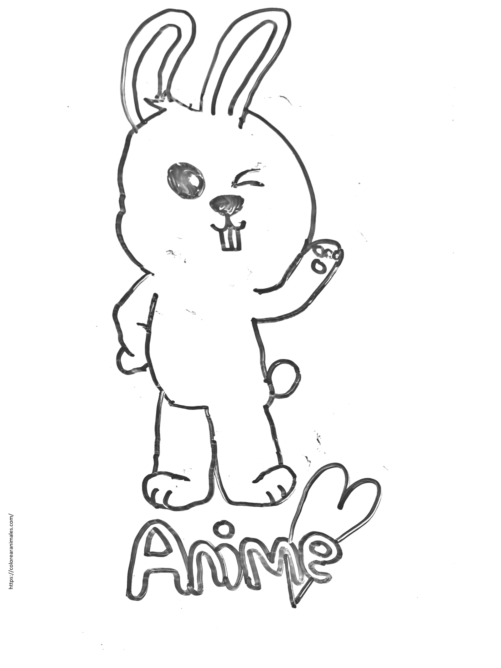 dibujo de conejo anime de pie guinando un ojo para colorear a lapiz, estilo kawaii para ninos