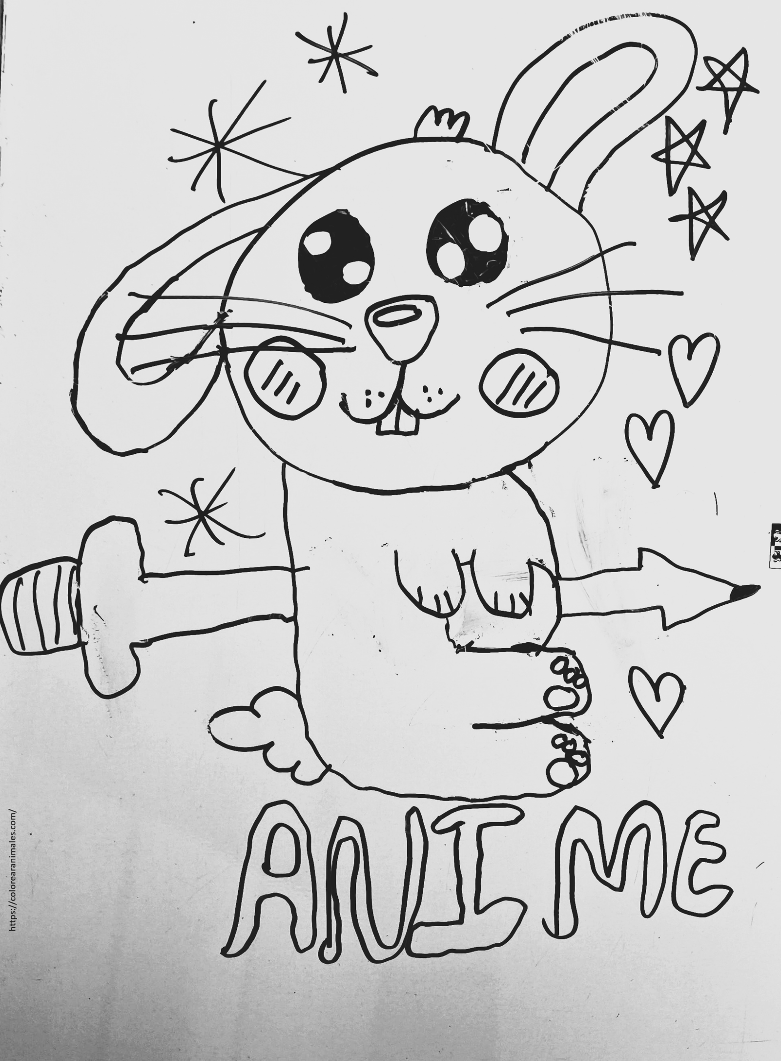 dibujo de conejo anime con estrellas y corazones para colorear a lapiz, estilo japones para ninos