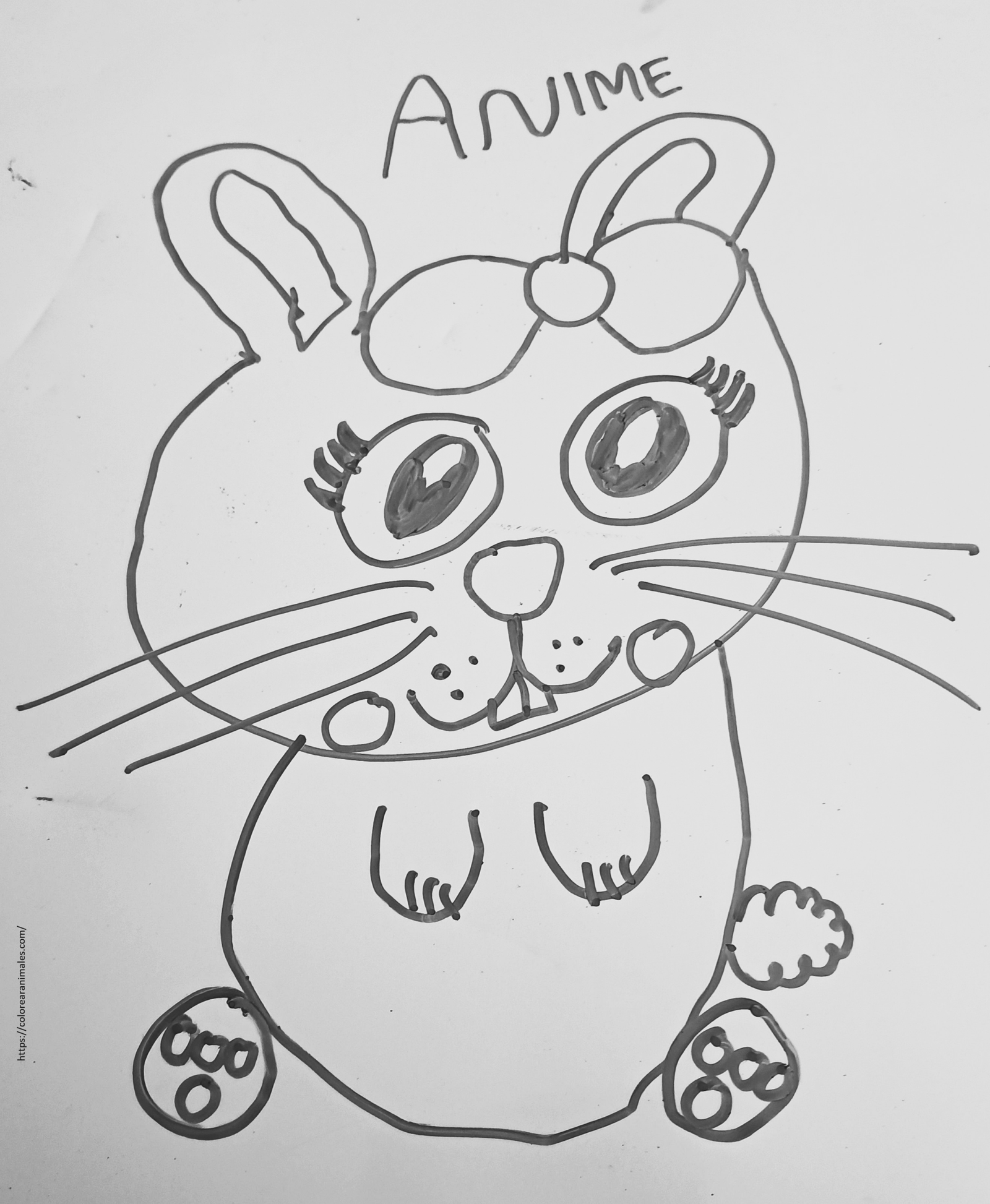 dibujo de conejo anime con lazo y pestanas para colorear a lapiz, estilo kawaii para ninas
