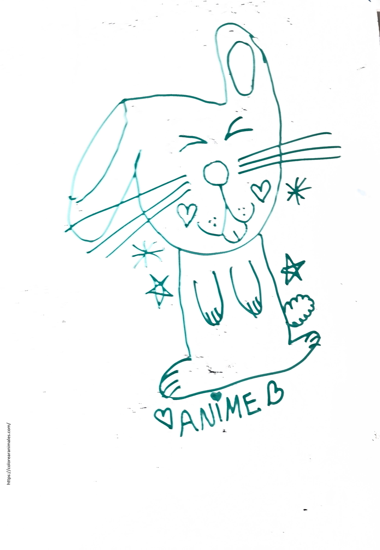 dibujo de conejo anime feliz con estrellas para colorear a lapiz, carita alegre para ninos