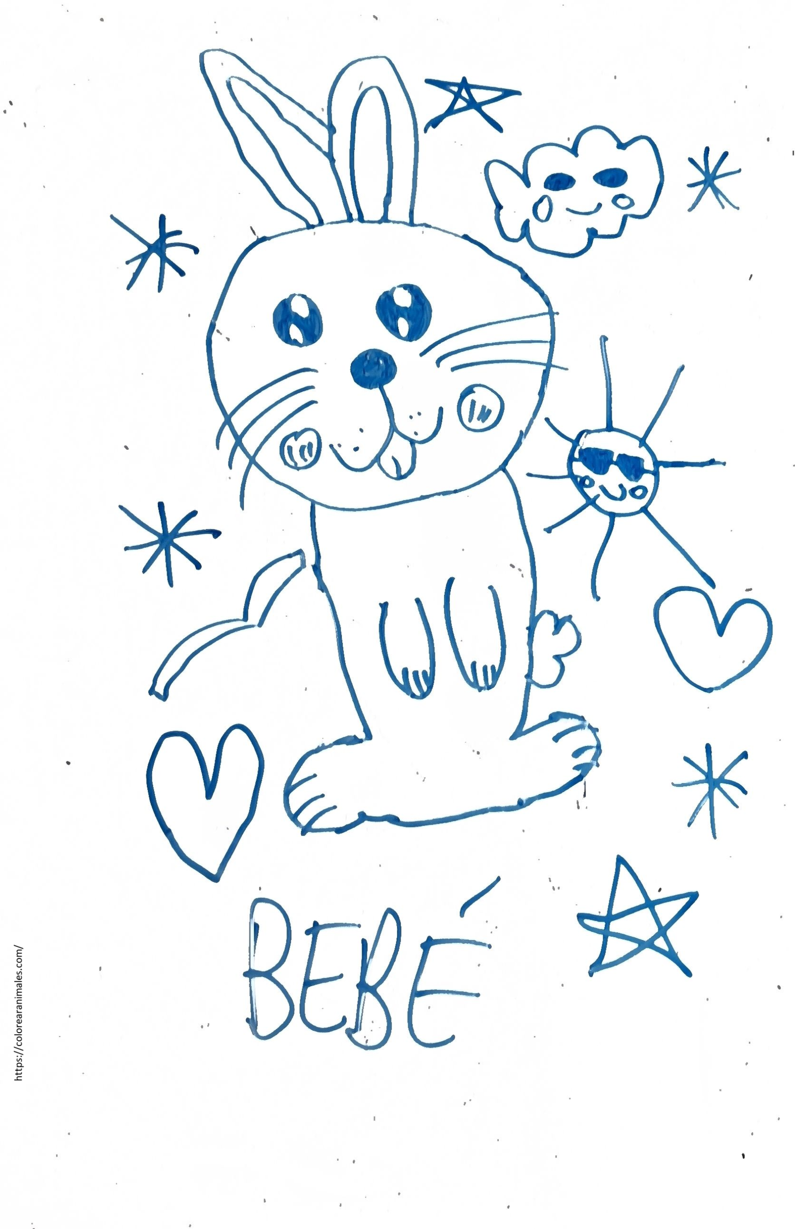 dibujo de conejo bebe kawaii rodeado de estrellas para colorear, facil para ninos pequenos