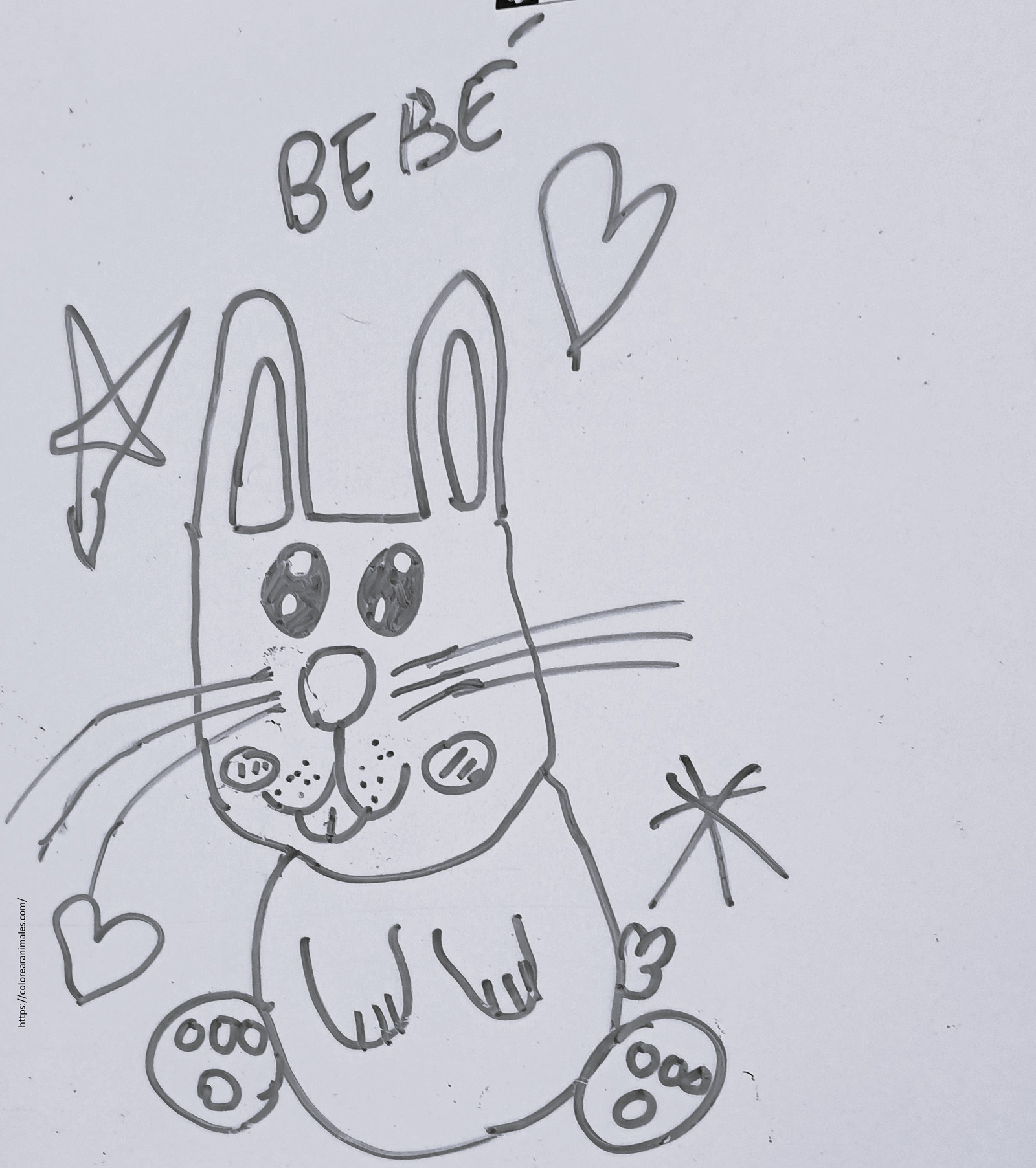 dibujo de conejo bebe kawaii con estrellas para colorear, tierno para ninos pequenos