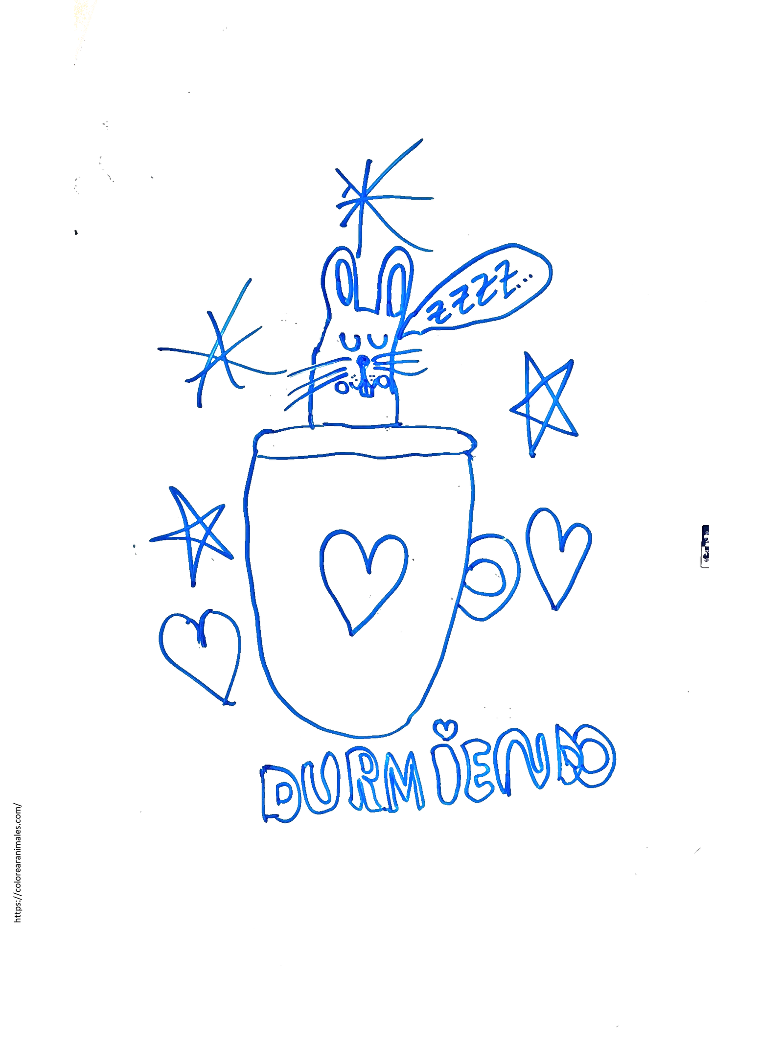 dibujo de conejo durmiendo dentro de una taza para colorear a lapiz, con corazones y estrellas para ninos