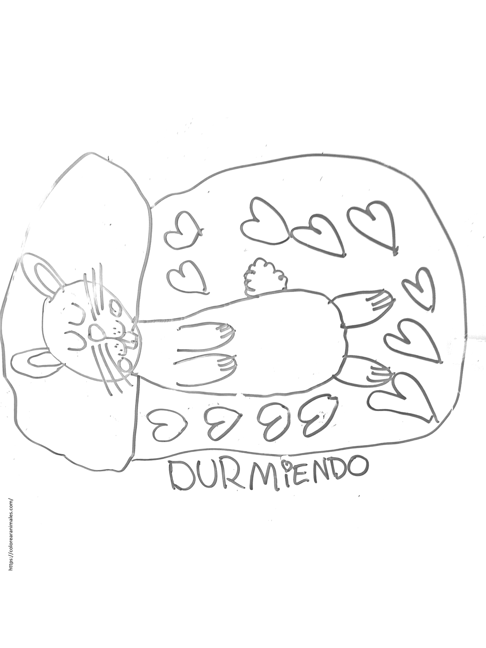 dibujo de conejo durmiendo en su camita con corazones para colorear a lapiz, dulce para ninos