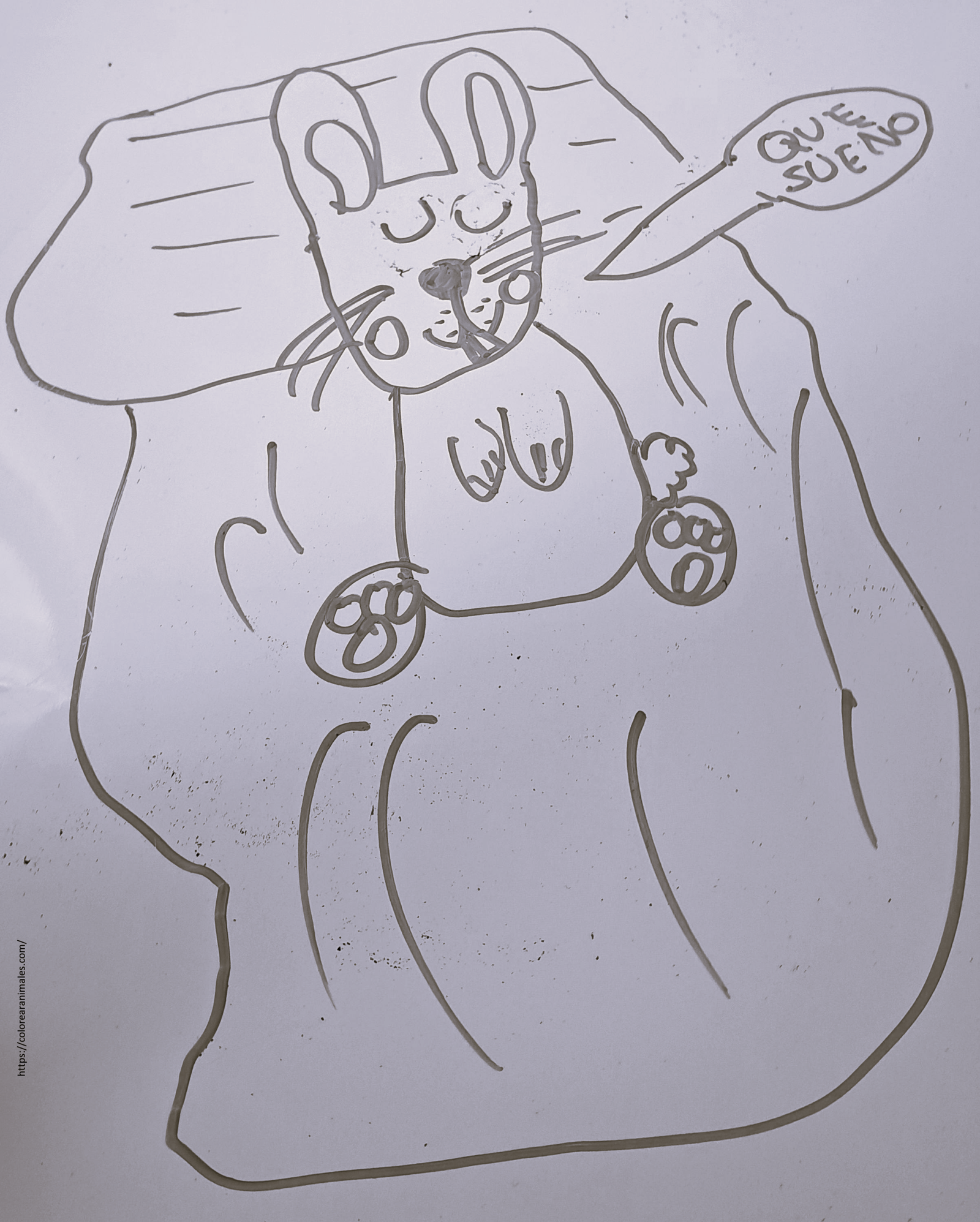 dibujo de conejo durmiendo tapado con una manta para colorear a lapiz, sonando feliz para ninos