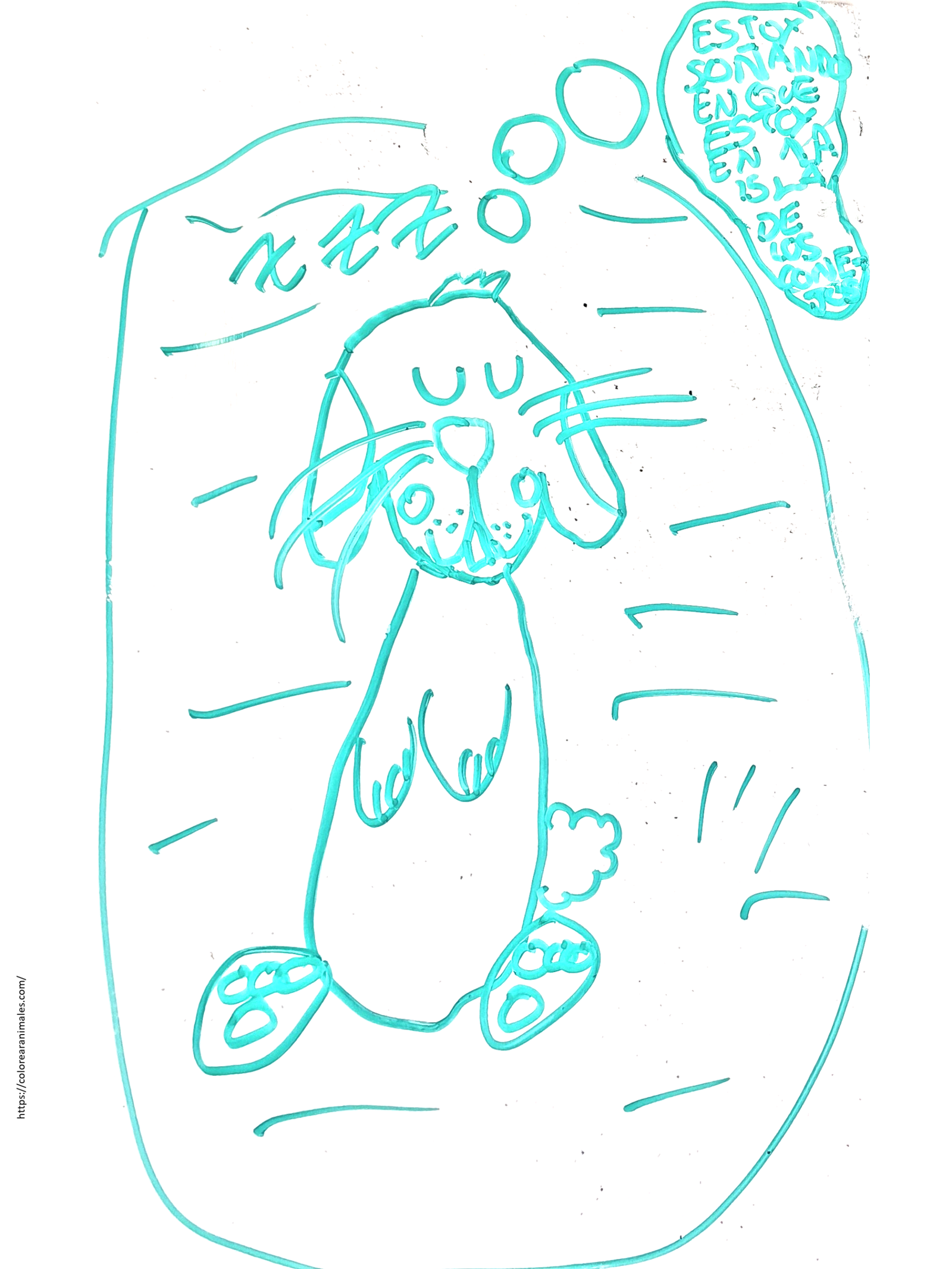 dibujo de conejo durmiendo y sonando para colorear a lapiz, con bocadillo de sueno para ninos