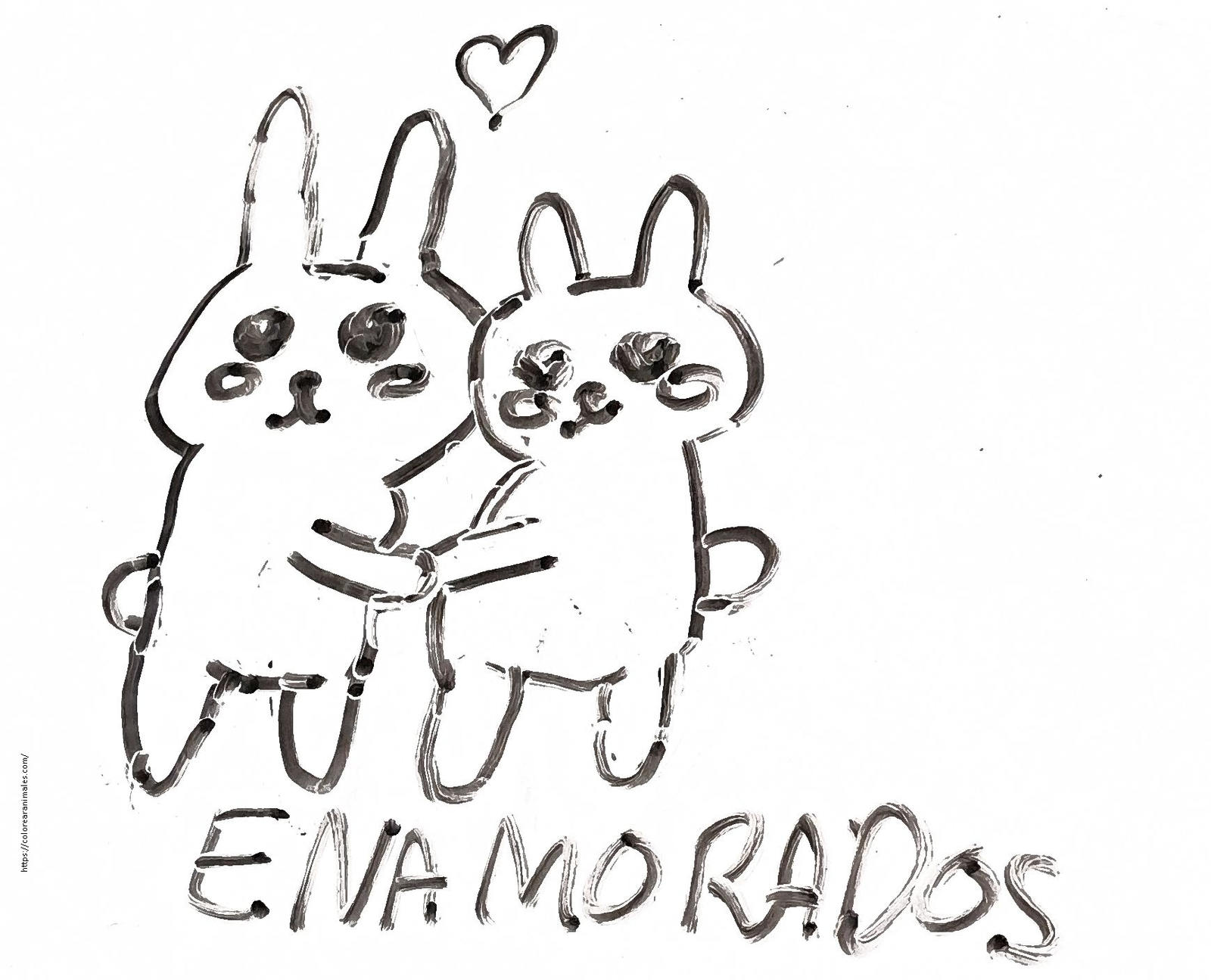 dibujo de dos conejos enamorados abrazados con un corazon para colorear, escena tierna para ninos