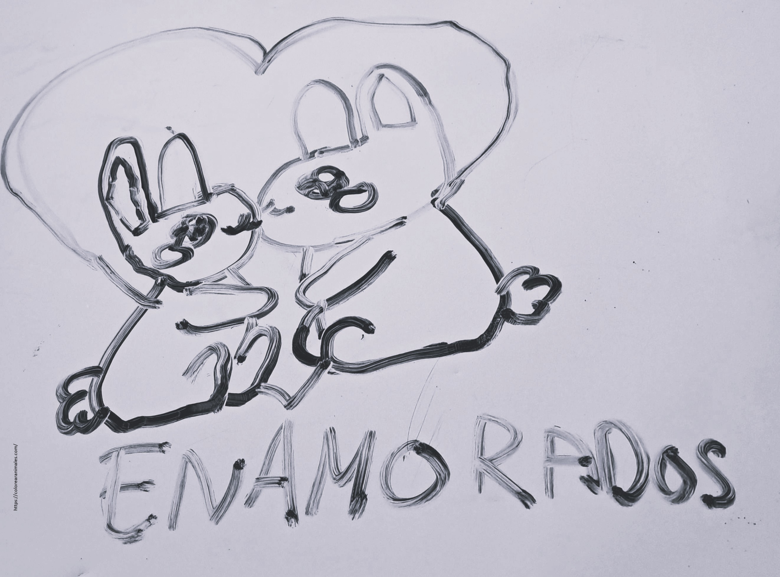 dibujo de dos conejos enamorados dentro de un corazon para colorear, escena romantica para ninos