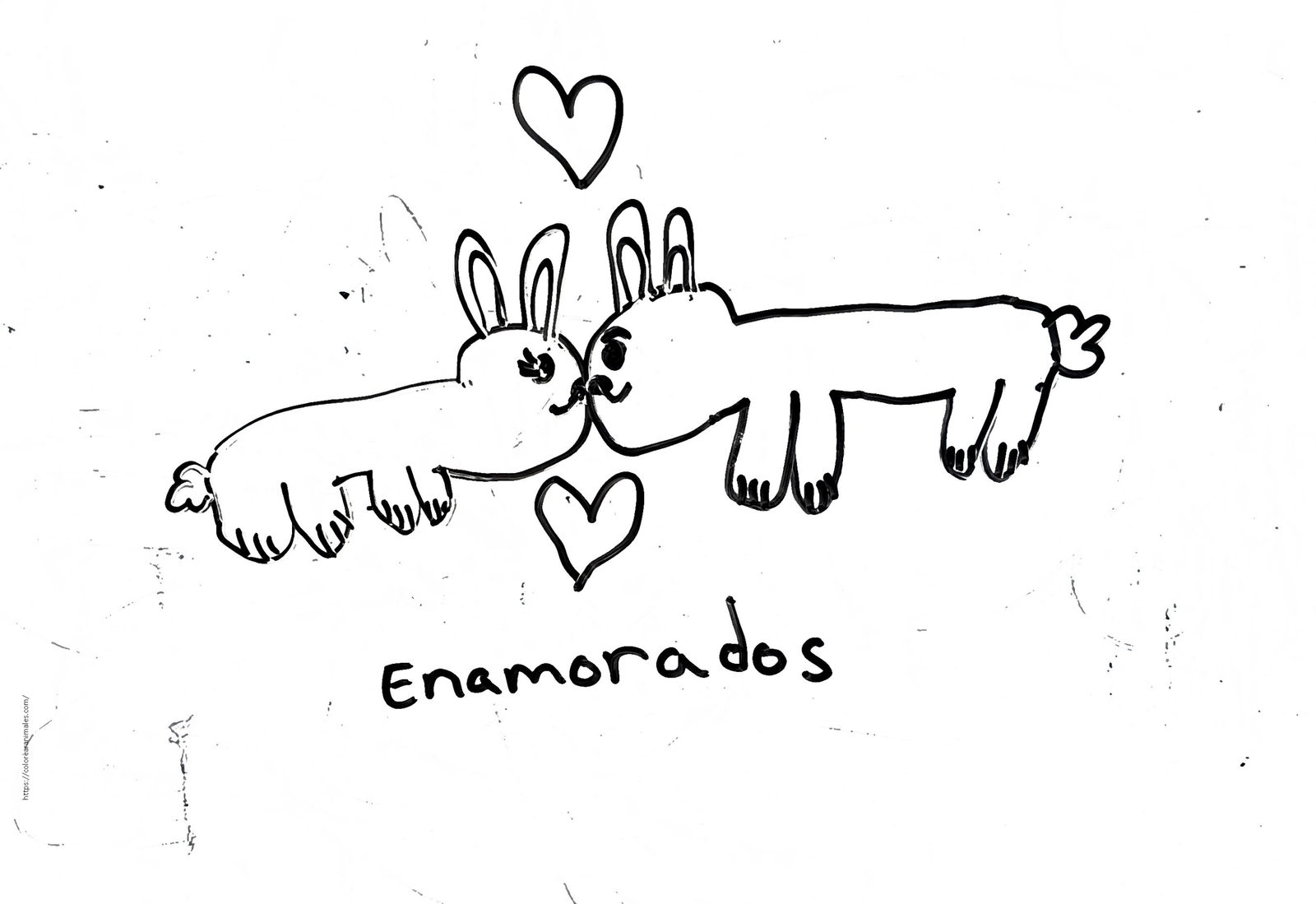dibujo de dos conejos enamorados frente a frente con un corazon para colorear, escena tierna para ninos