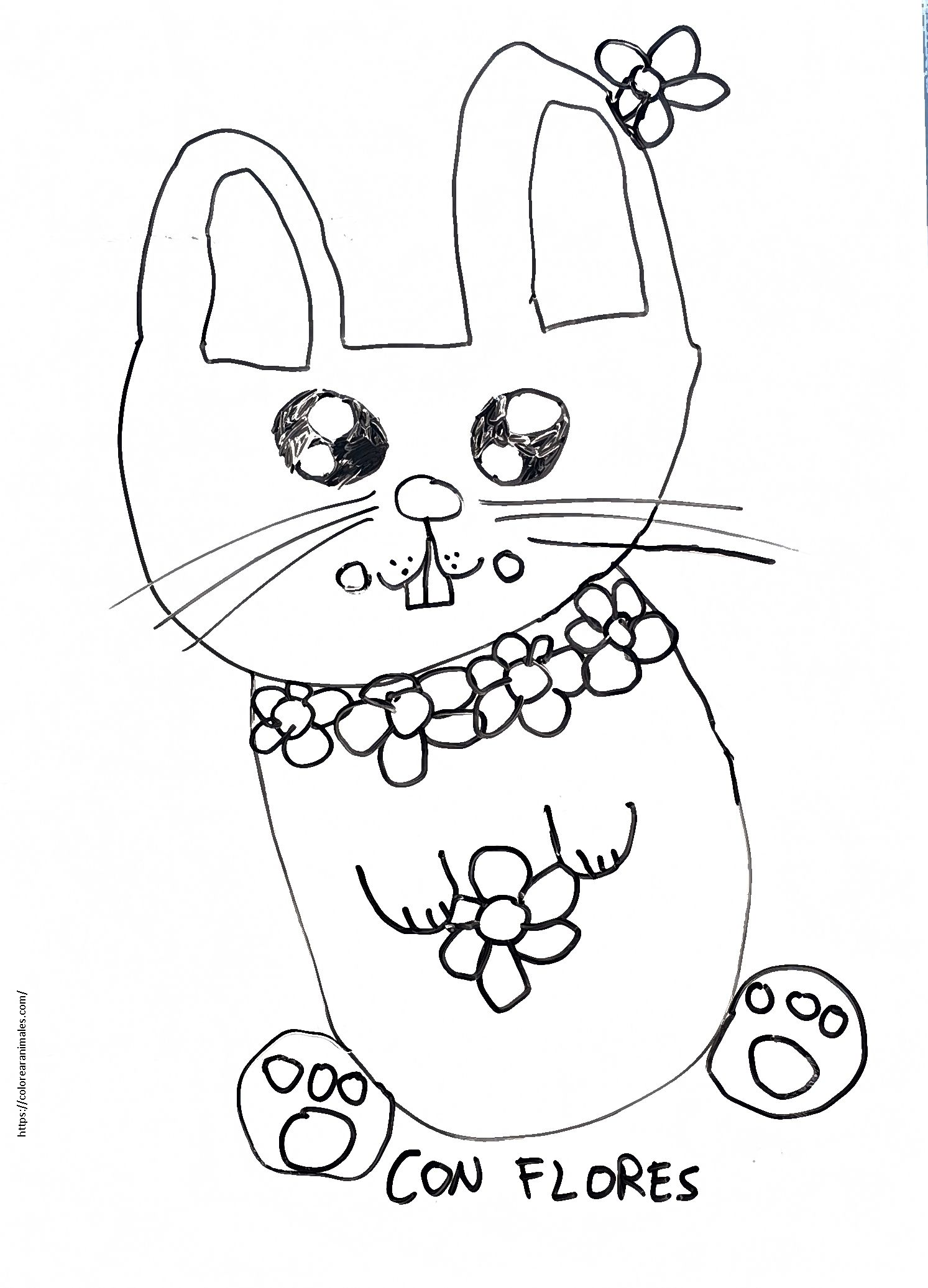 dibujo de conejo con flores y pajarita para colorear a lapiz, escena primaveral para ninos
