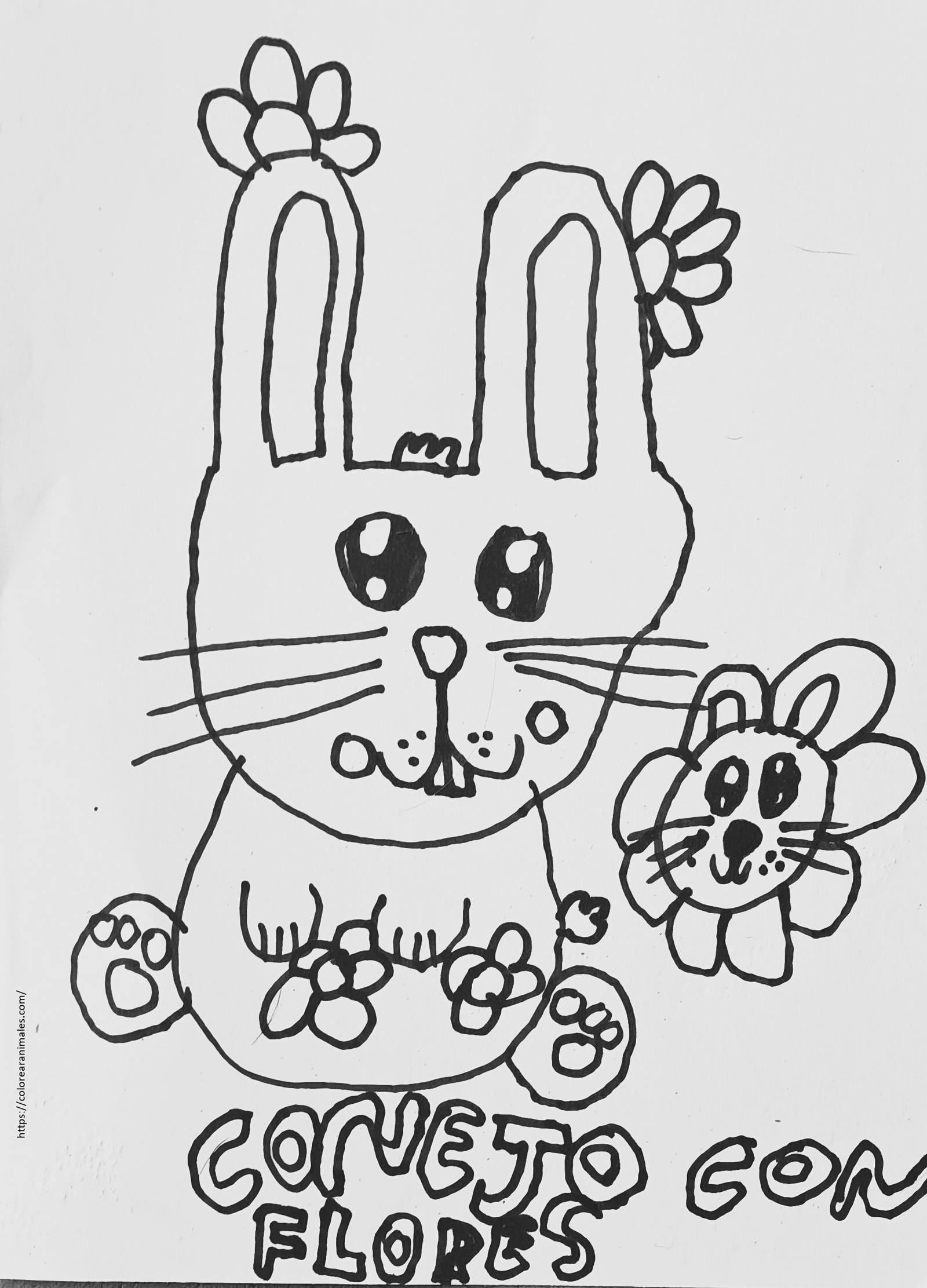 dibujo de conejo con flores en las orejas para colorear a lapiz, primaveral y alegre para ninos