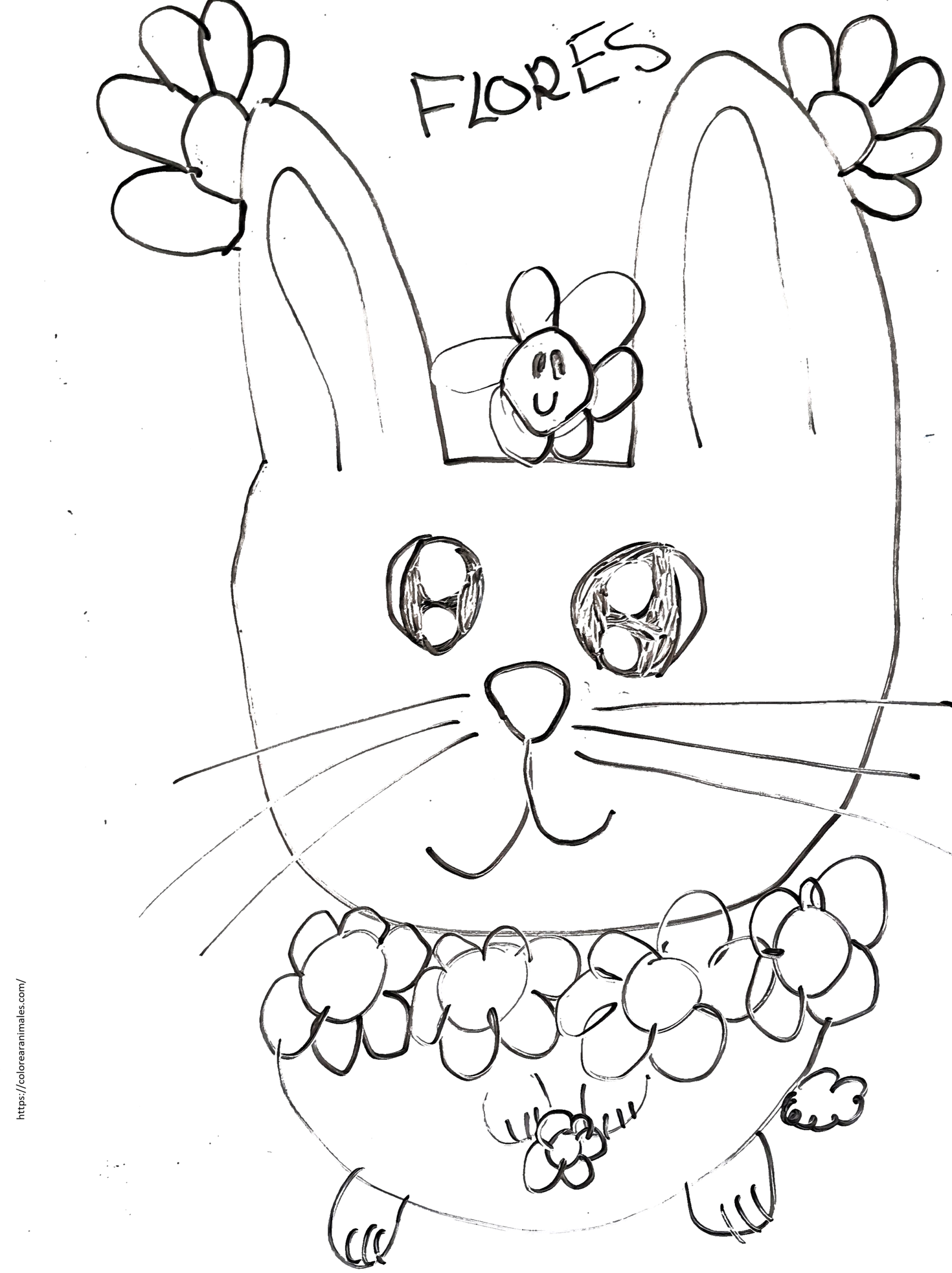 dibujo de conejo con collar de flores para colorear a lapiz, estilo hawaiano para ninos