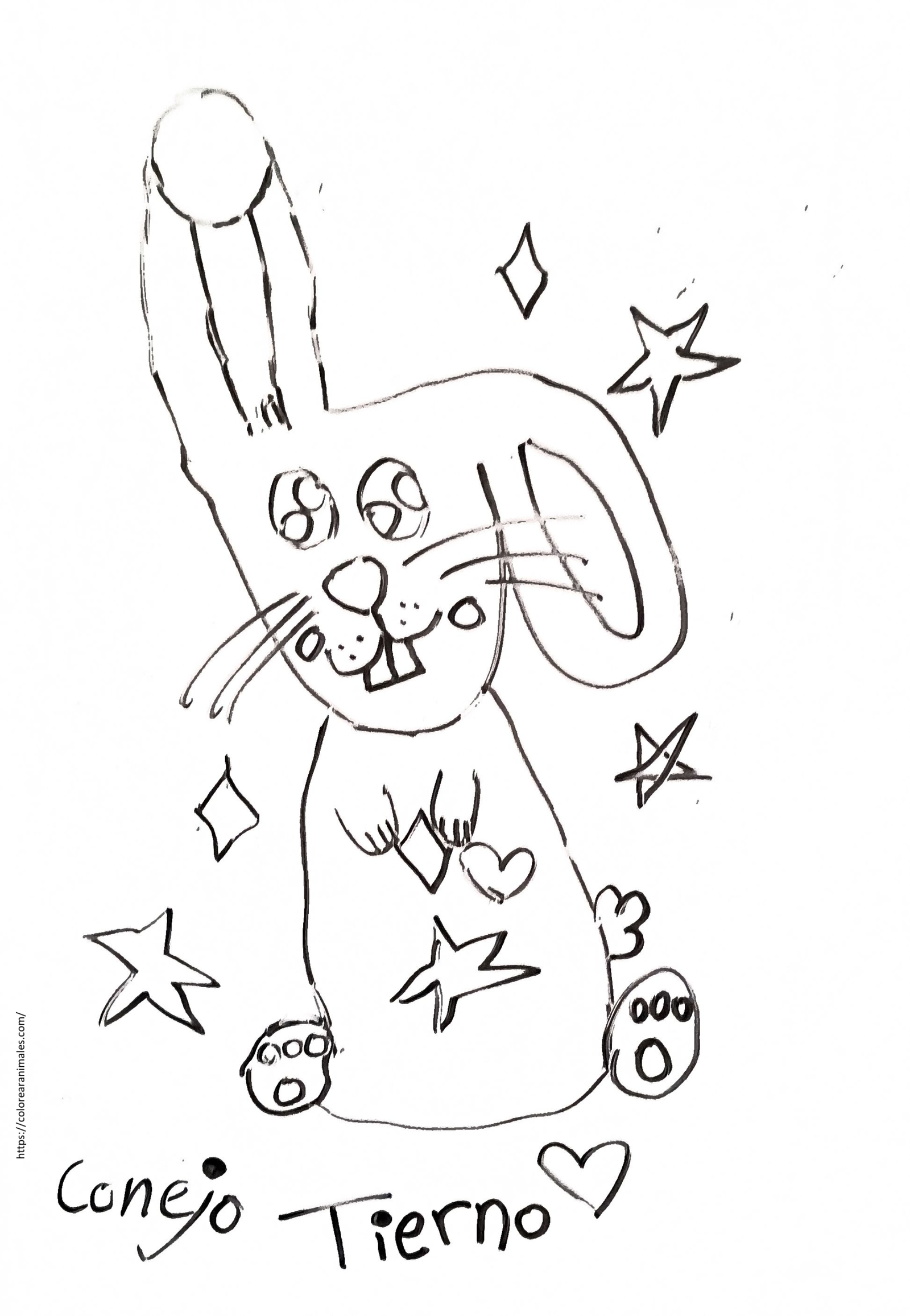 dibujo de conejo tierno rodeado de estrellas para colorear a lapiz, dibujo adorable para ninos