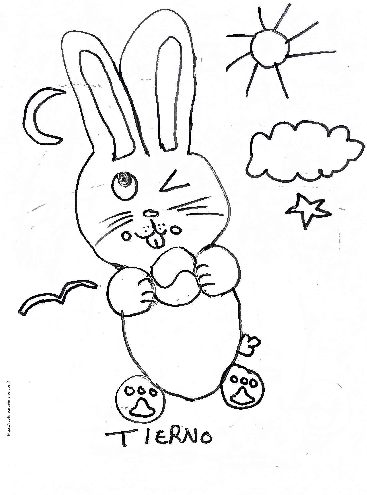 dibujo de conejo tierno saltando con sol y nube para colorear, escena alegre para ninos