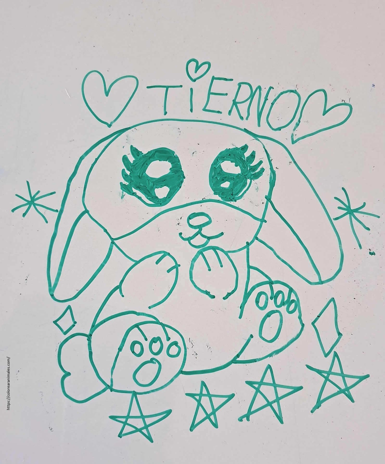 dibujo de conejo tierno con corazones y estrellas para colorear a lapiz, adorable para ninos