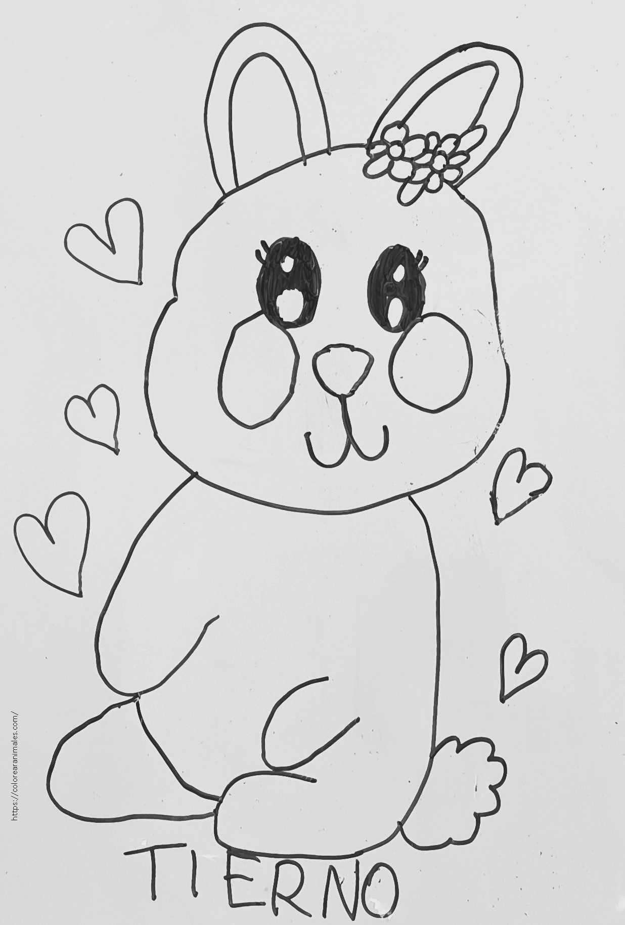 dibujo de conejo tierno con flor y corazones para colorear a lapiz, carita dulce para ninos