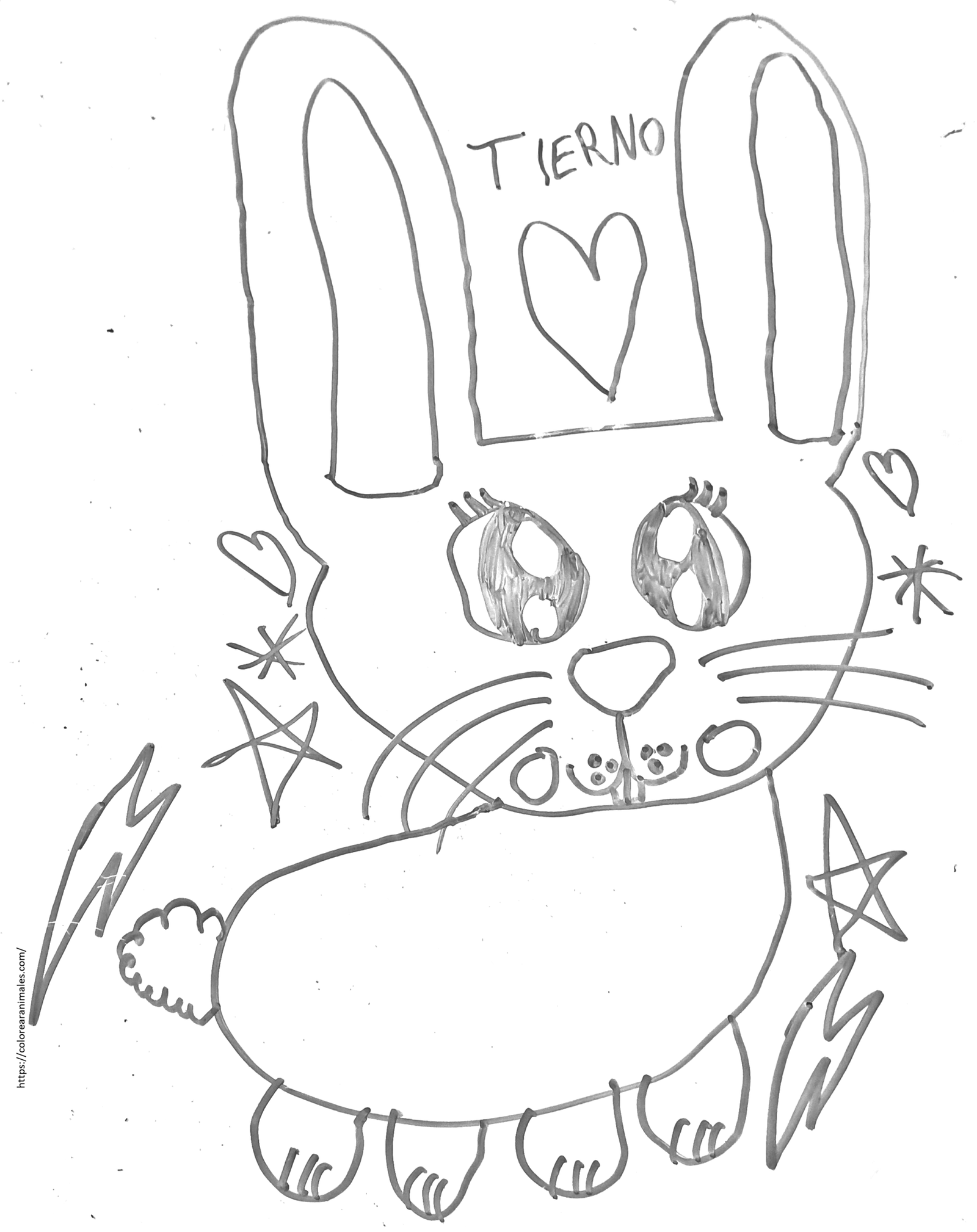 dibujo de conejo tierno con corazon y estrellas para colorear a lapiz, adorable para ninos