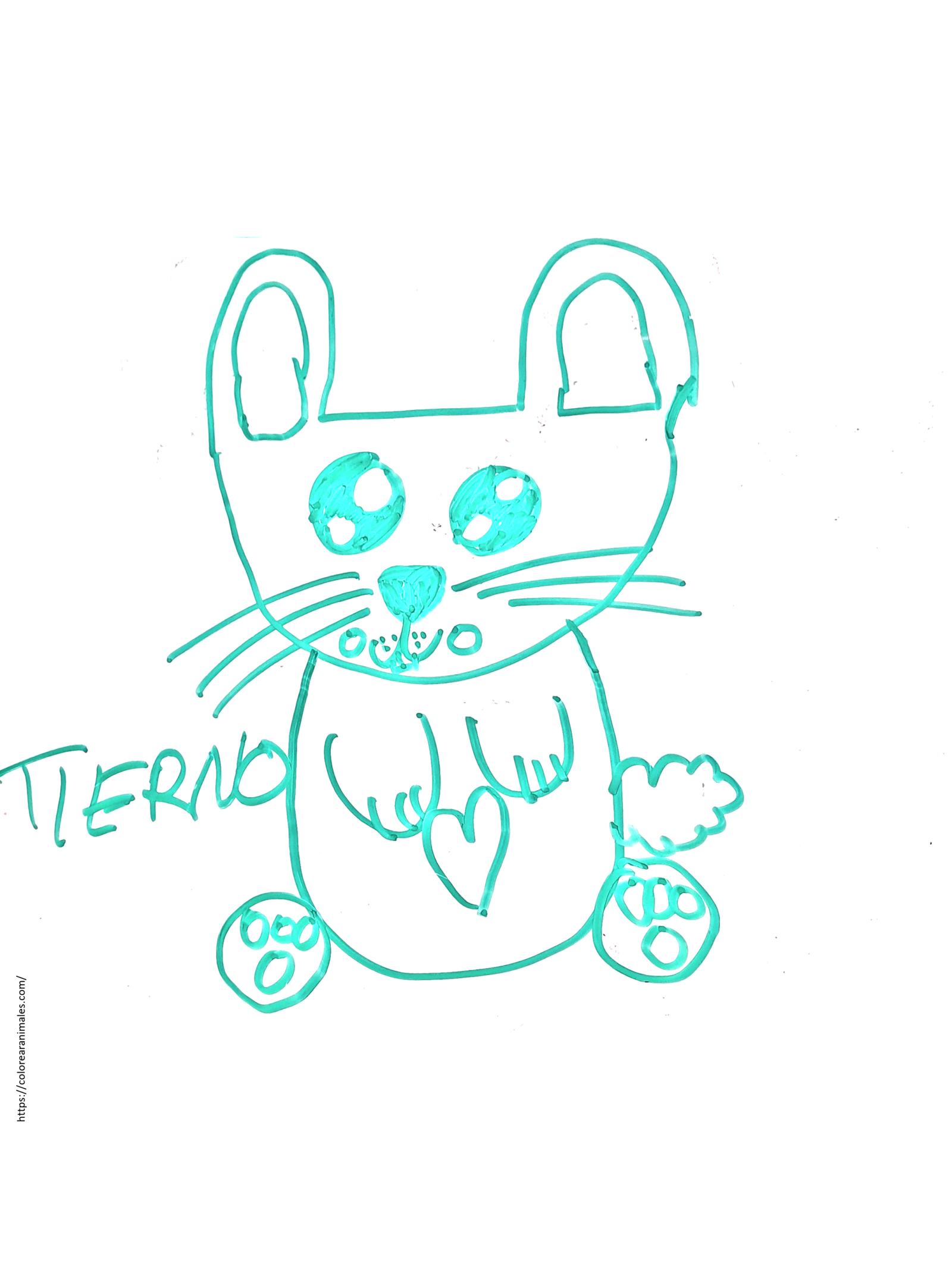 dibujo de conejo tierno con un corazon en la barriga para colorear a lapiz, carinoso para ninos