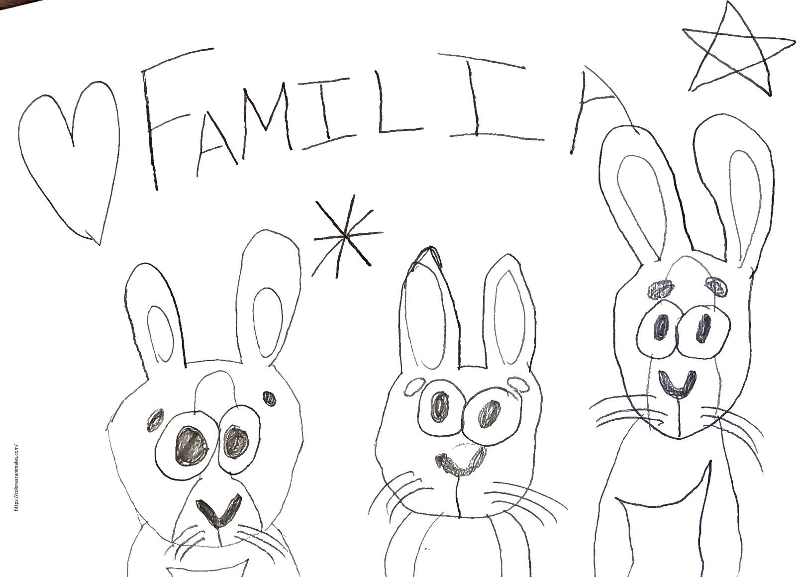 dibujo de familia de conejos para colorear a lapiz, tres conejitos juntos para ninos