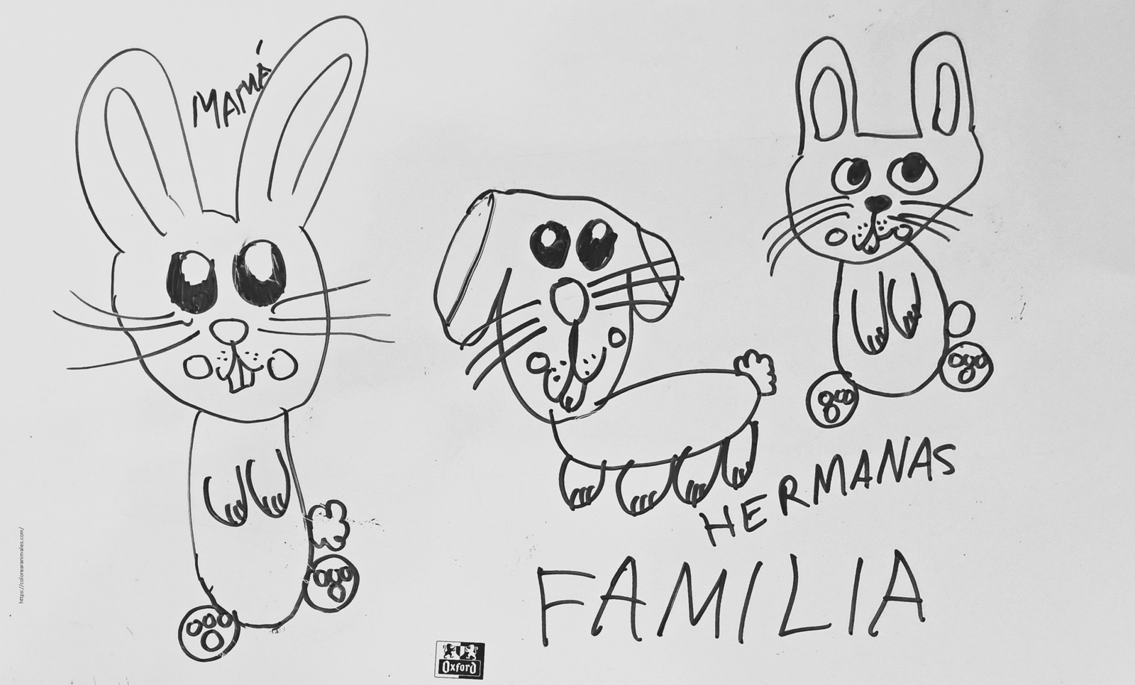 dibujo de familia de conejos con mama y hermanas para colorear a lapiz, escena familiar para ninos