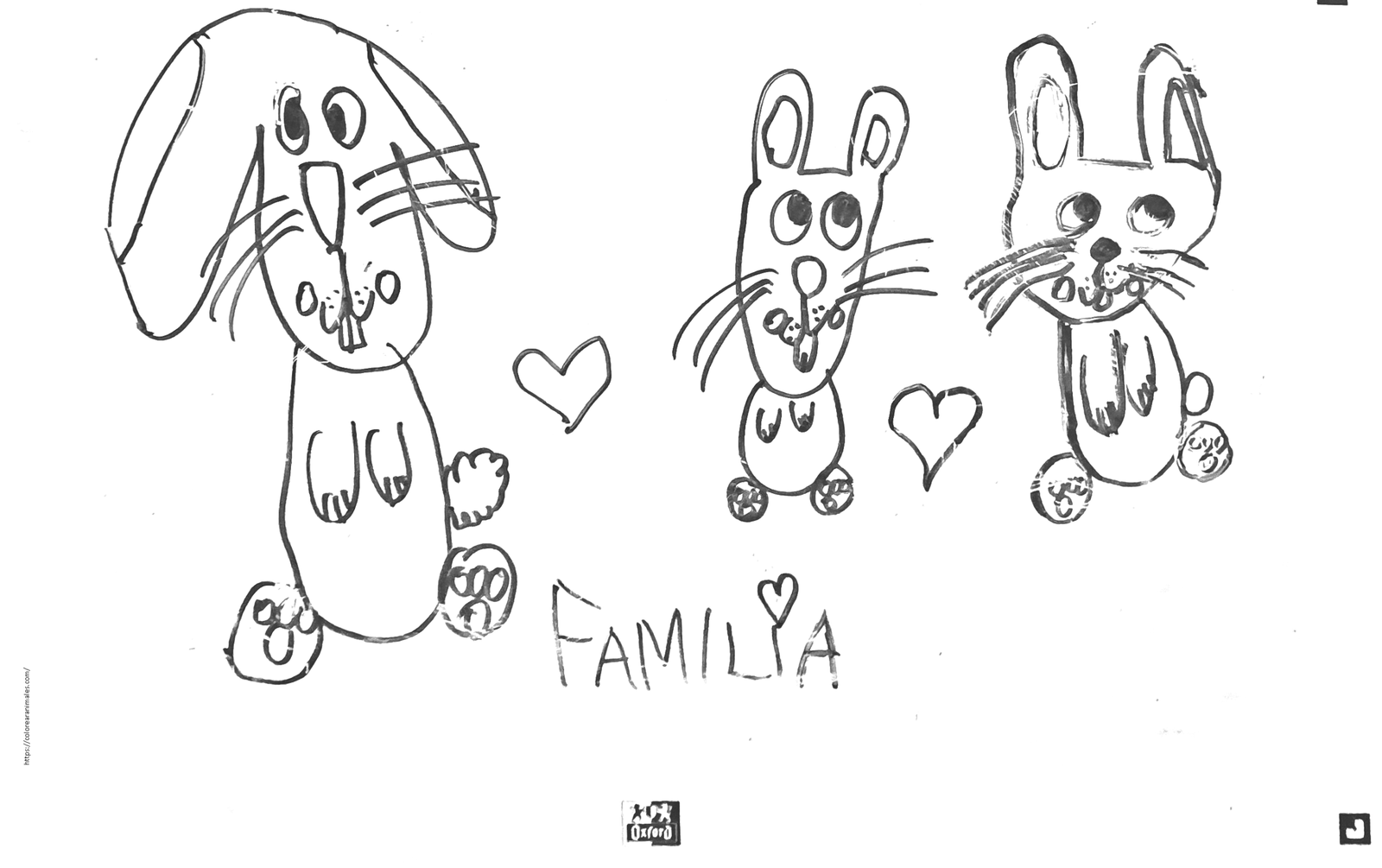 dibujo de familia de tres conejos con corazones para colorear a lapiz, dibujo tierno para ninos