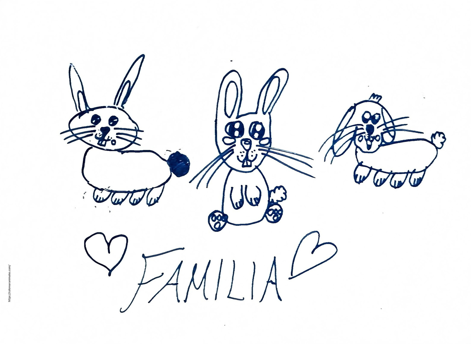 dibujo de familia de conejos para colorear a lapiz, papa mama y bebe para ninos