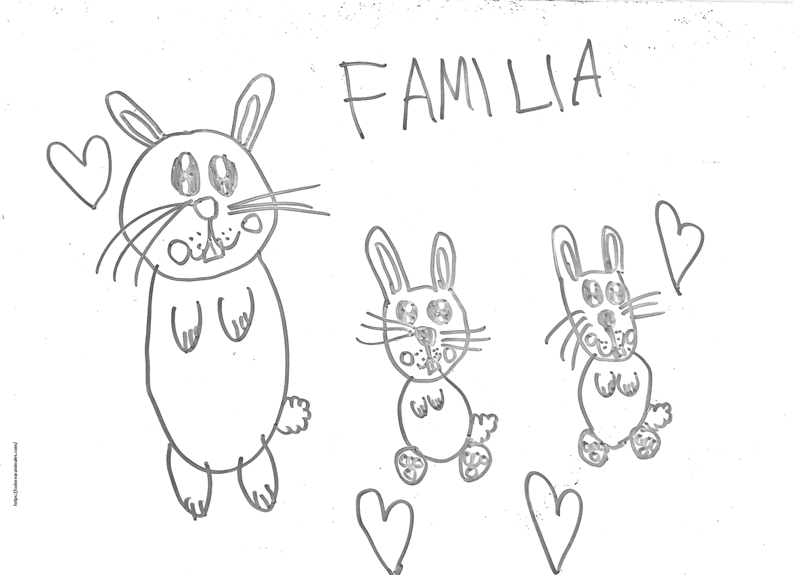 dibujo de familia de conejos de distintos tamanos para colorear a lapiz, escena de amistad para ninos