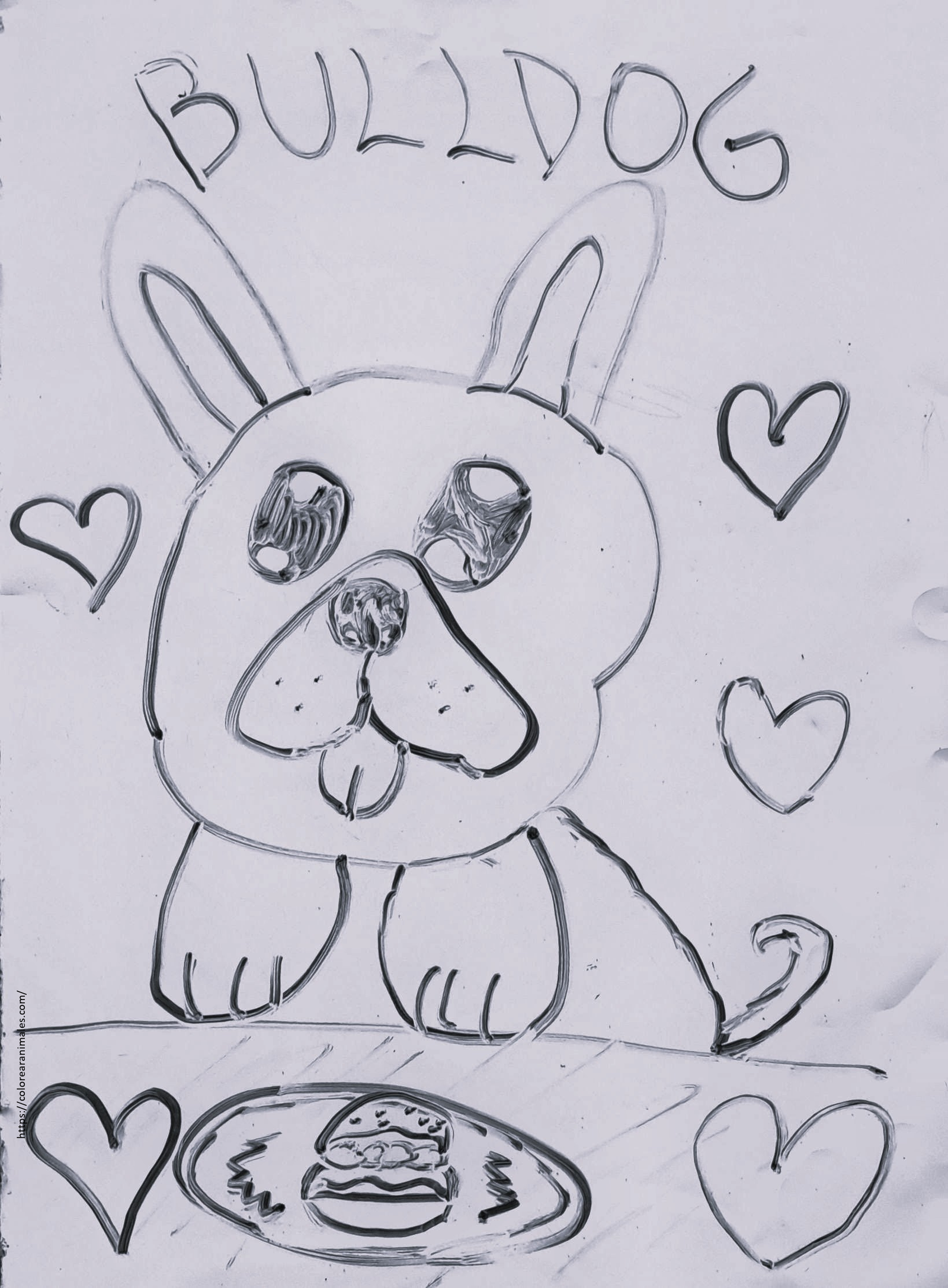 Bulldog sentado para colorear con corazones, dibujo de Lara