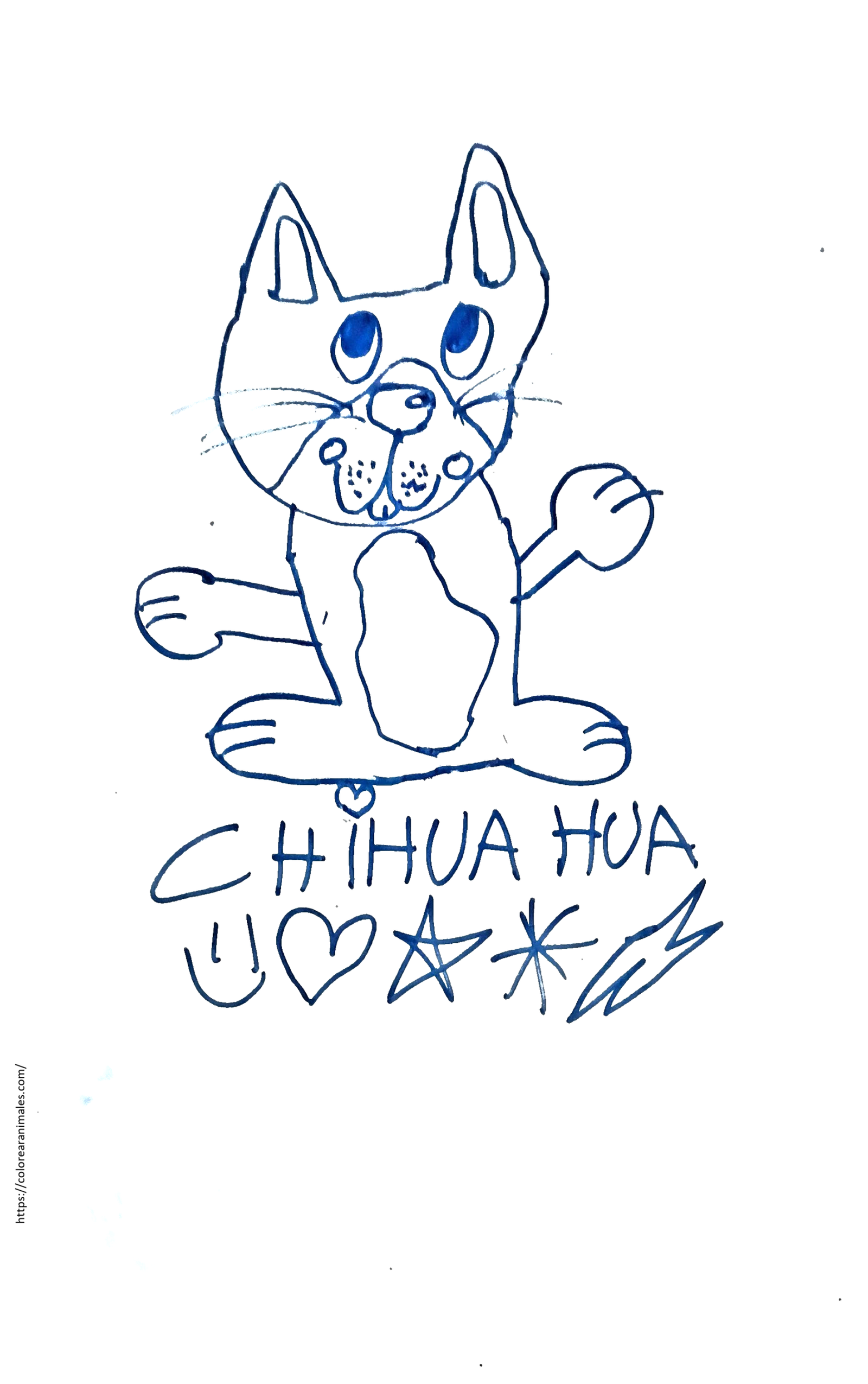 dibujo de perro chihuahua sentado saludando para colorear, con corazon y estrellas para ninos