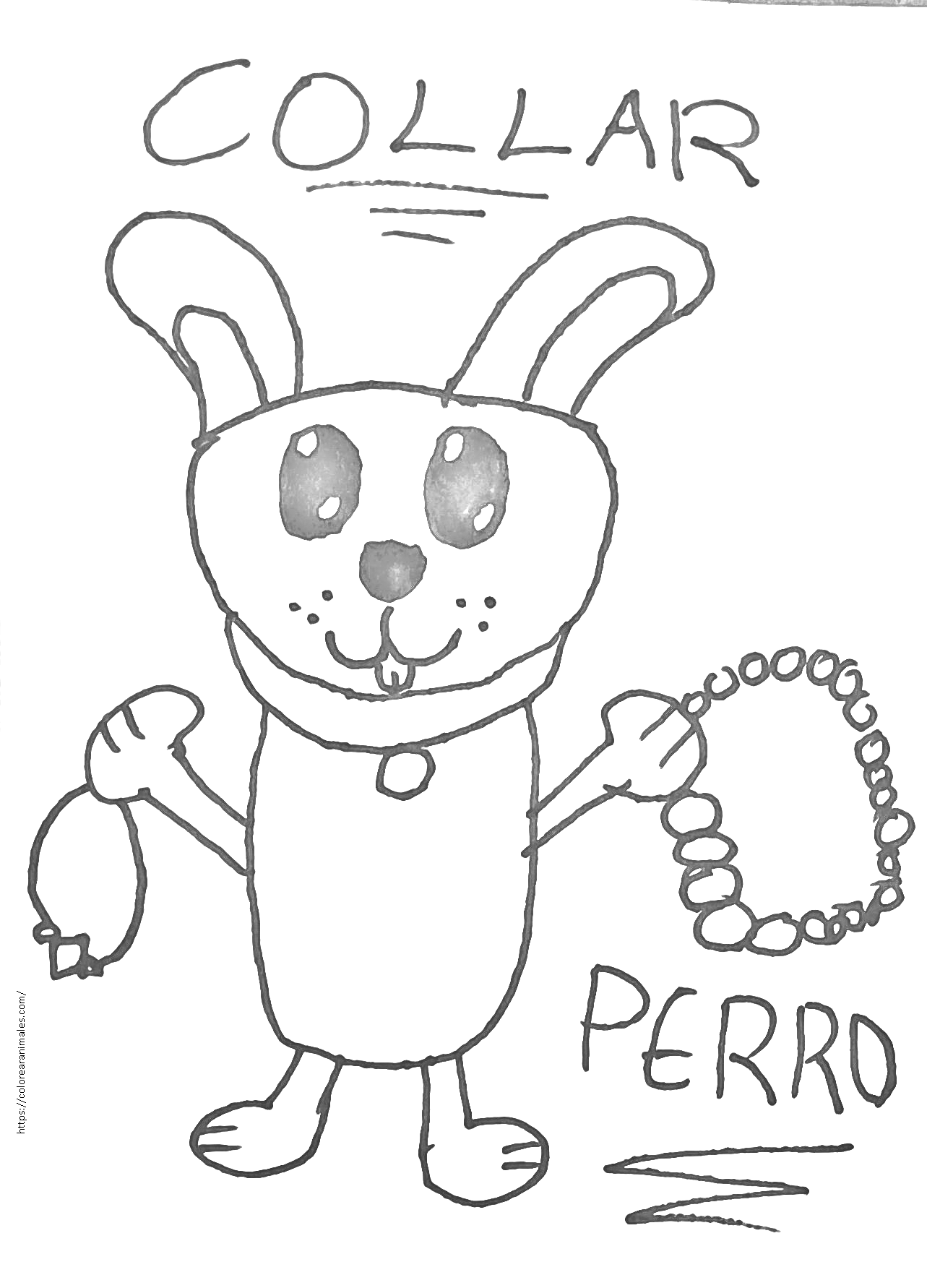 dibujo de perro de pie con collar y correa para colorear, cachorro simpatico para ninos