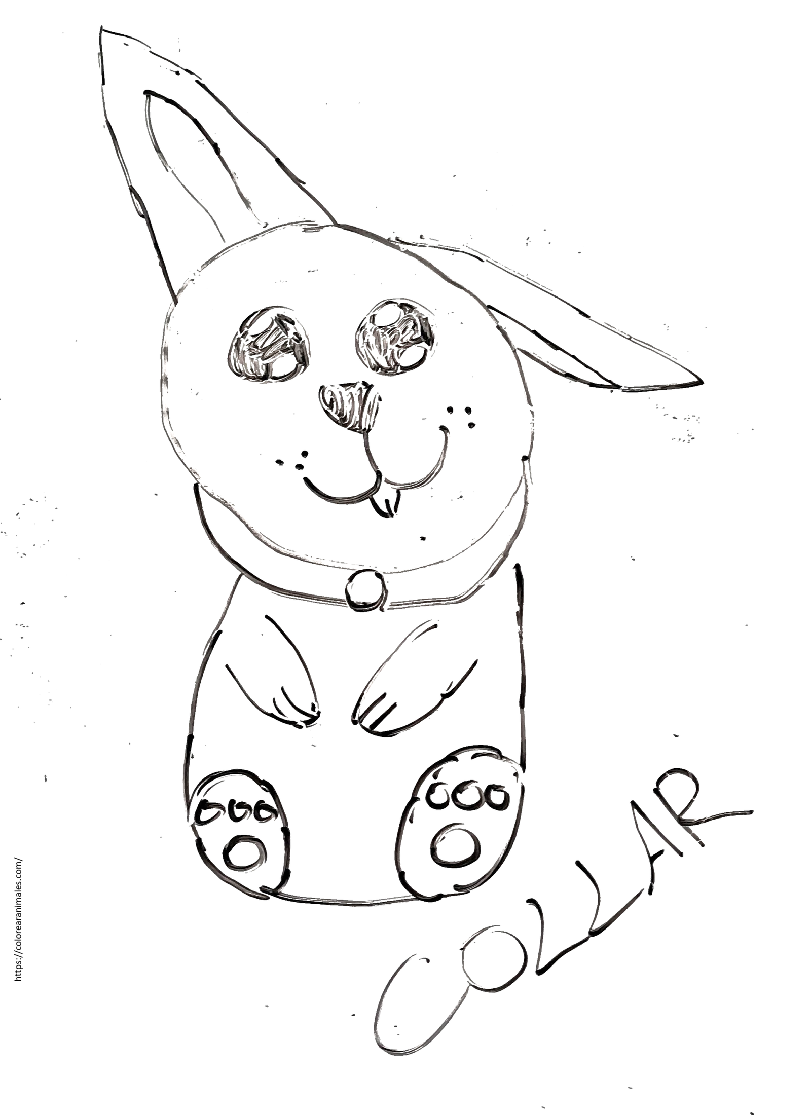 dibujo de perro sentado con collar de cascabel para colorear, tierno para ninos