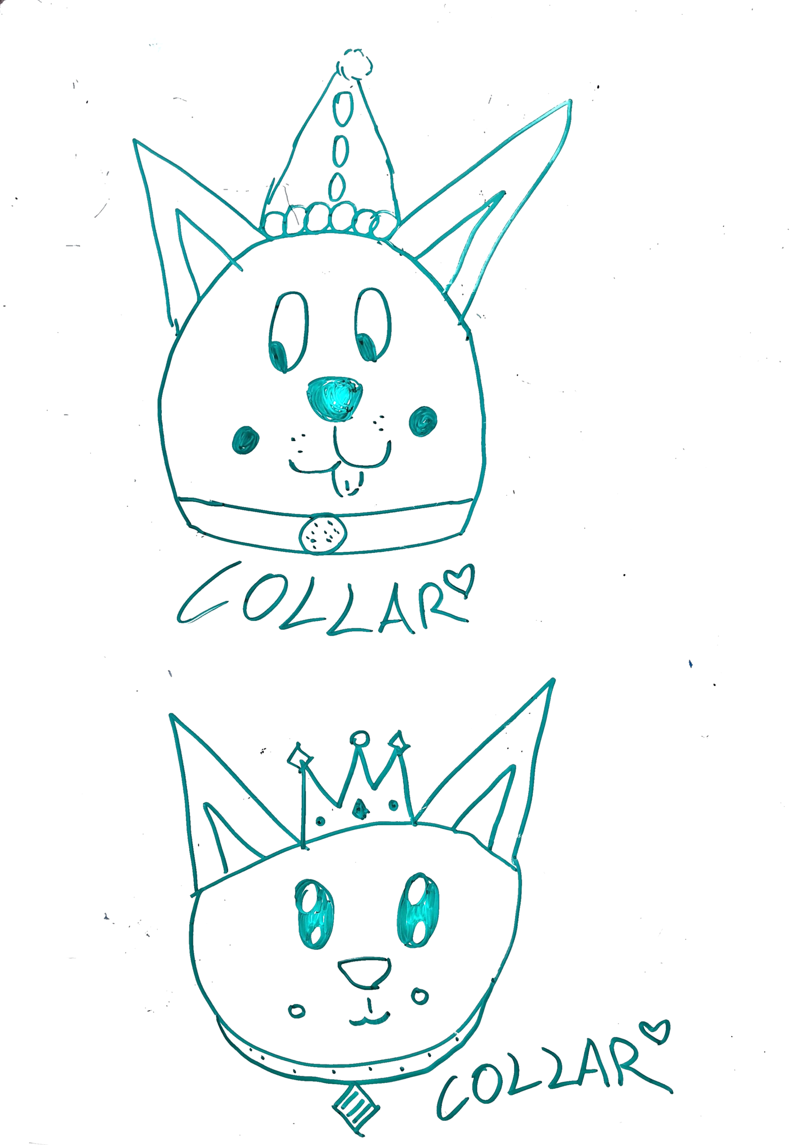 dibujo de dos caras de perro con collar para colorear, uno con gorro de fiesta y otro con corona para ninos