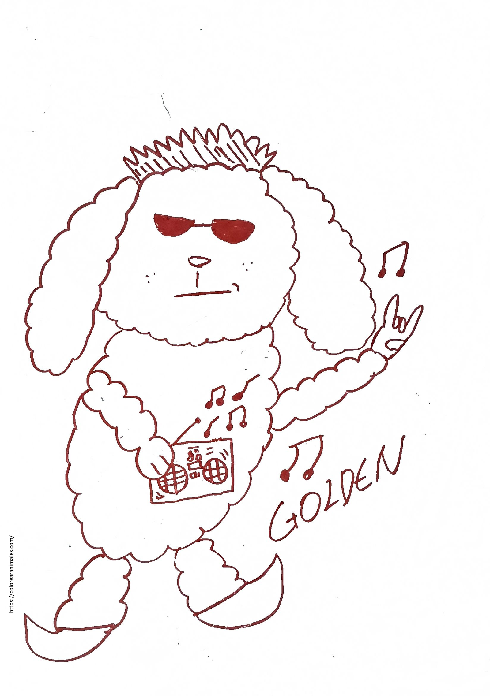 dibujo de golden retriever con gafas de sol y radio para colorear, perro roquero para ninos