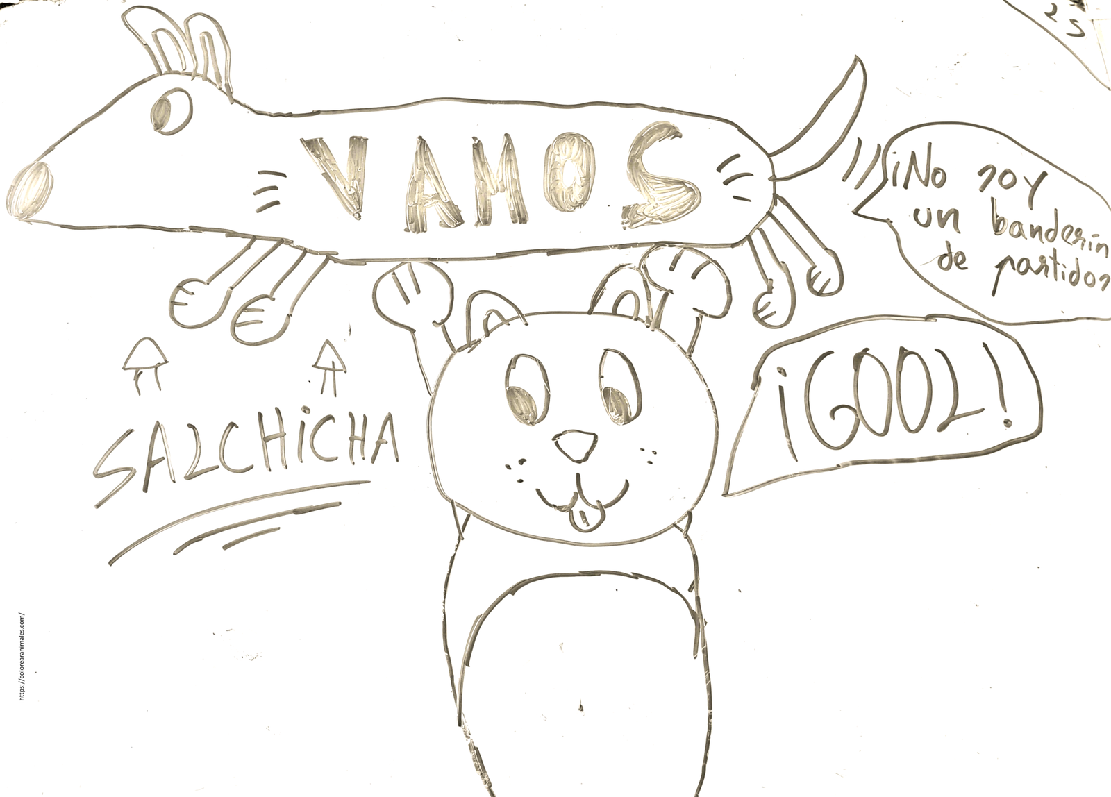 dibujo de perro salchicha animando en un partido para colorear, con globo de dialogo para ninos