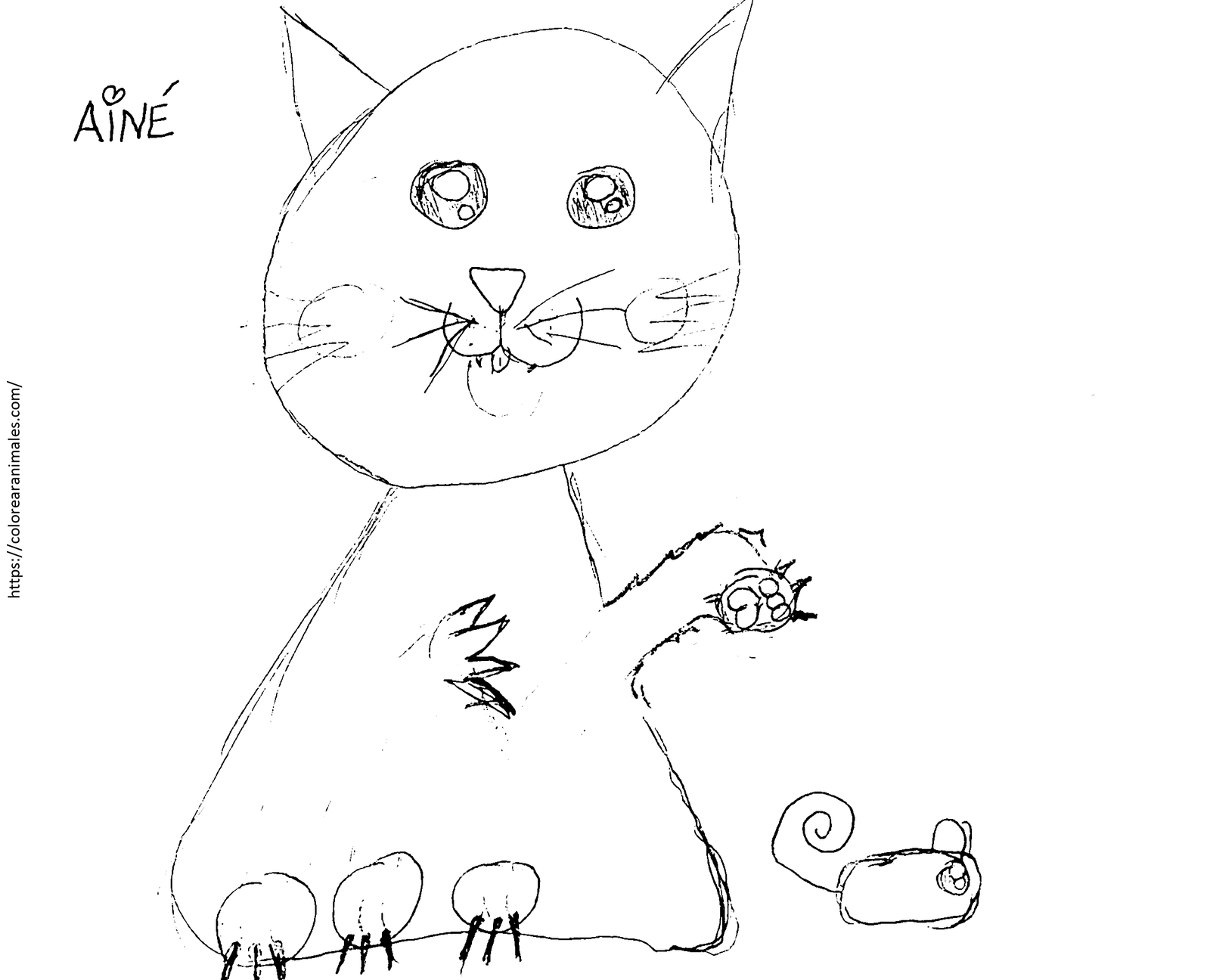 Gato con ratoncito para colorear, dibujo de Aine