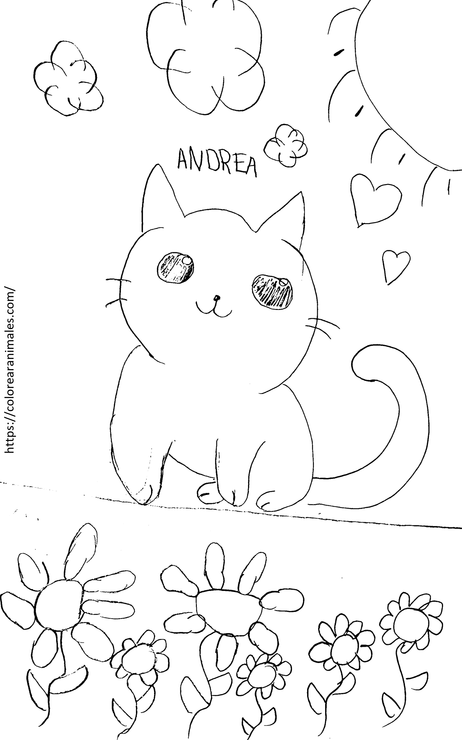Gato con flores para colorear, dibujo de Andrea