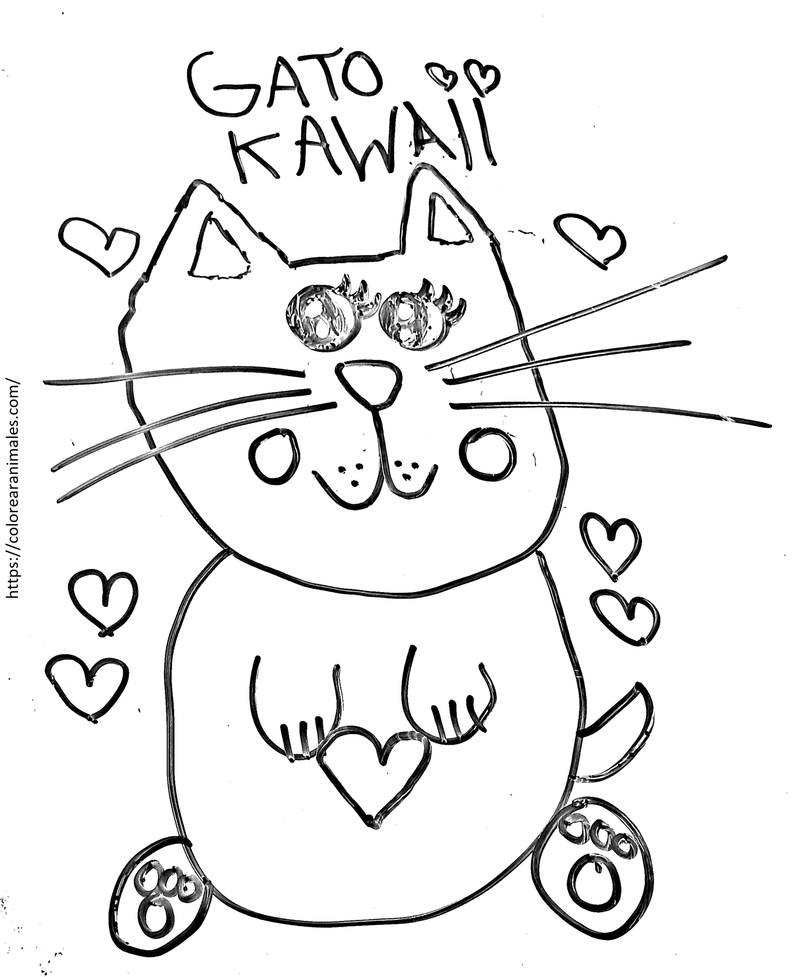 Gato kawaii con corazones para colorear, dibujo de Emma
