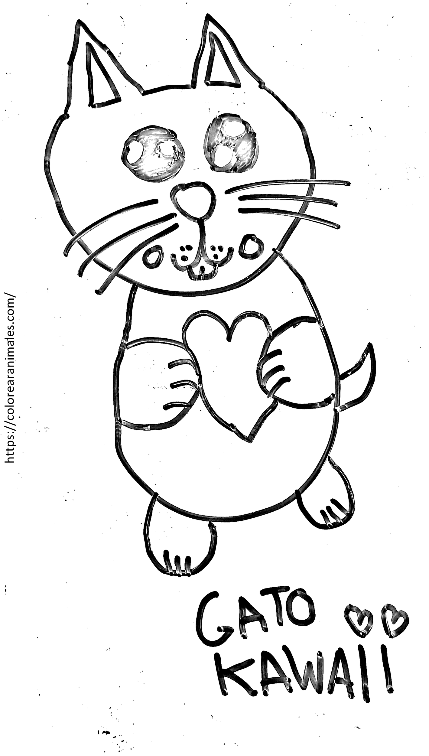 Gato kawaii abrazado a un corazón para colorear, dibujo de Emma