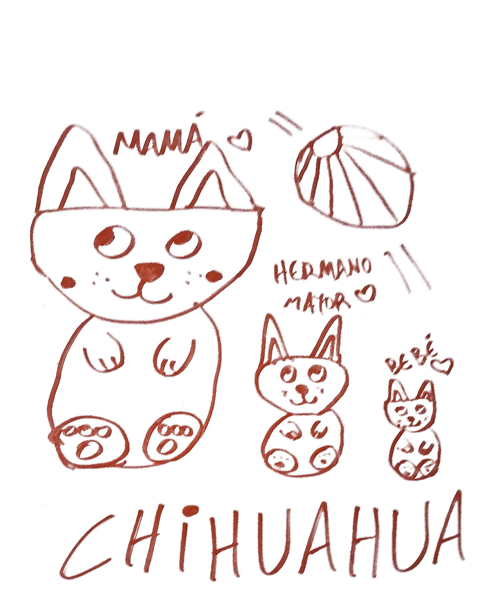 dibujo de familia de perros chihuahua para colorear, mama con su cachorro mayor y el bebe con corazones para ninos