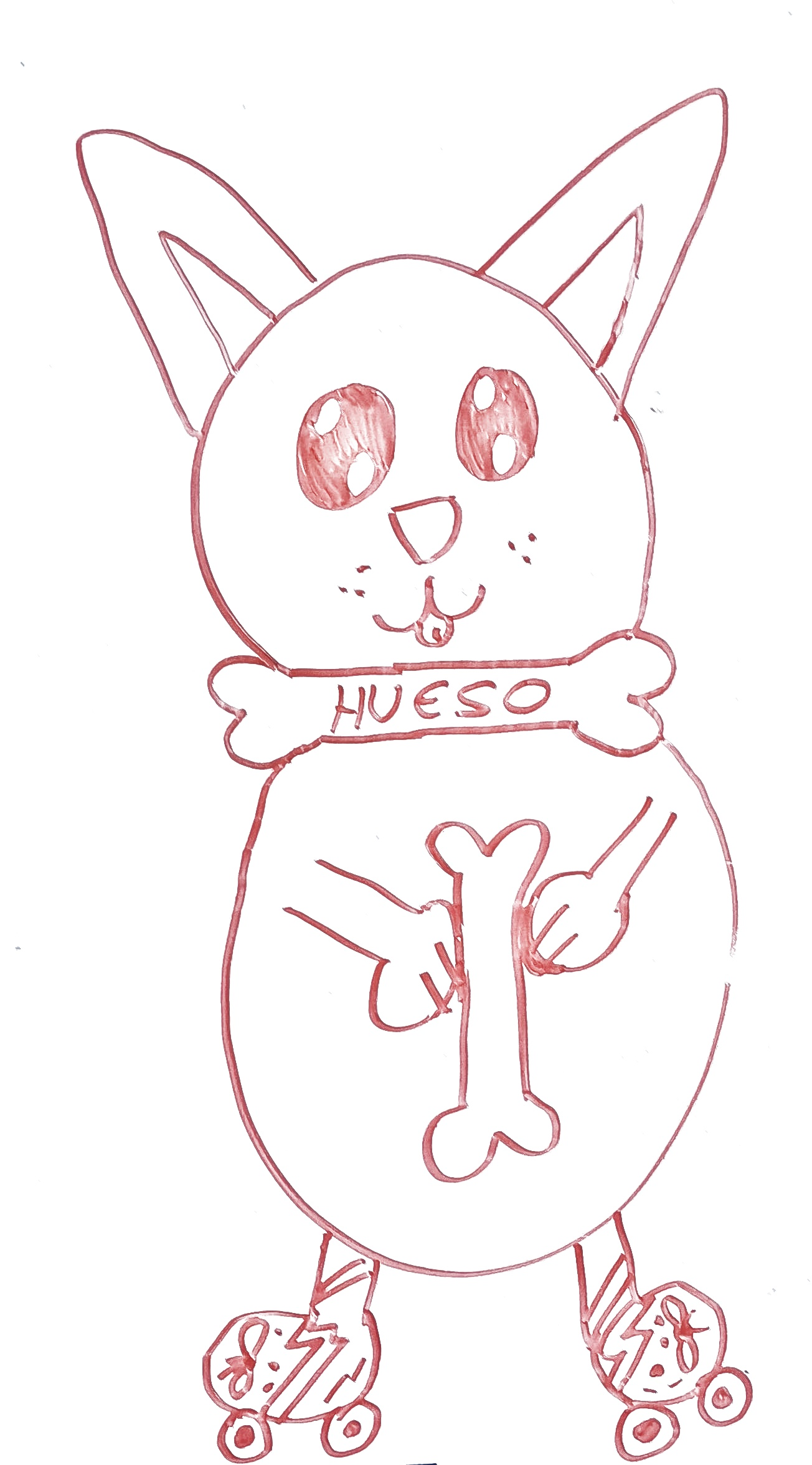 dibujo de perro con patines sujetando un hueso para colorear, escena divertida para ninos