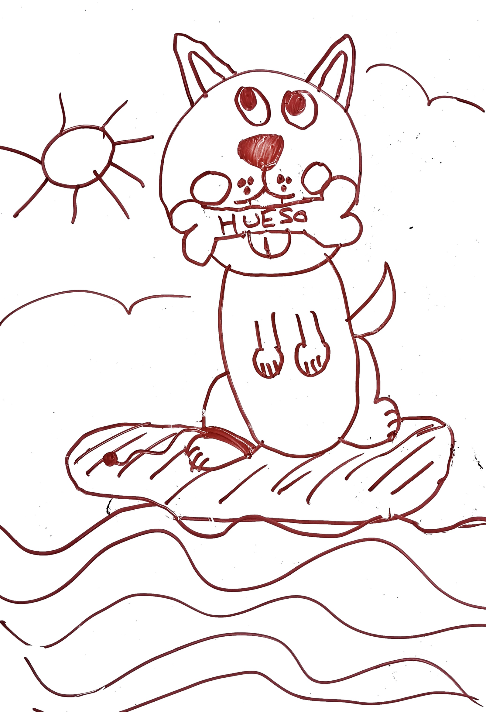 dibujo de perro con un hueso en la boca en un flotador para colorear, escena de verano en el mar para ninos