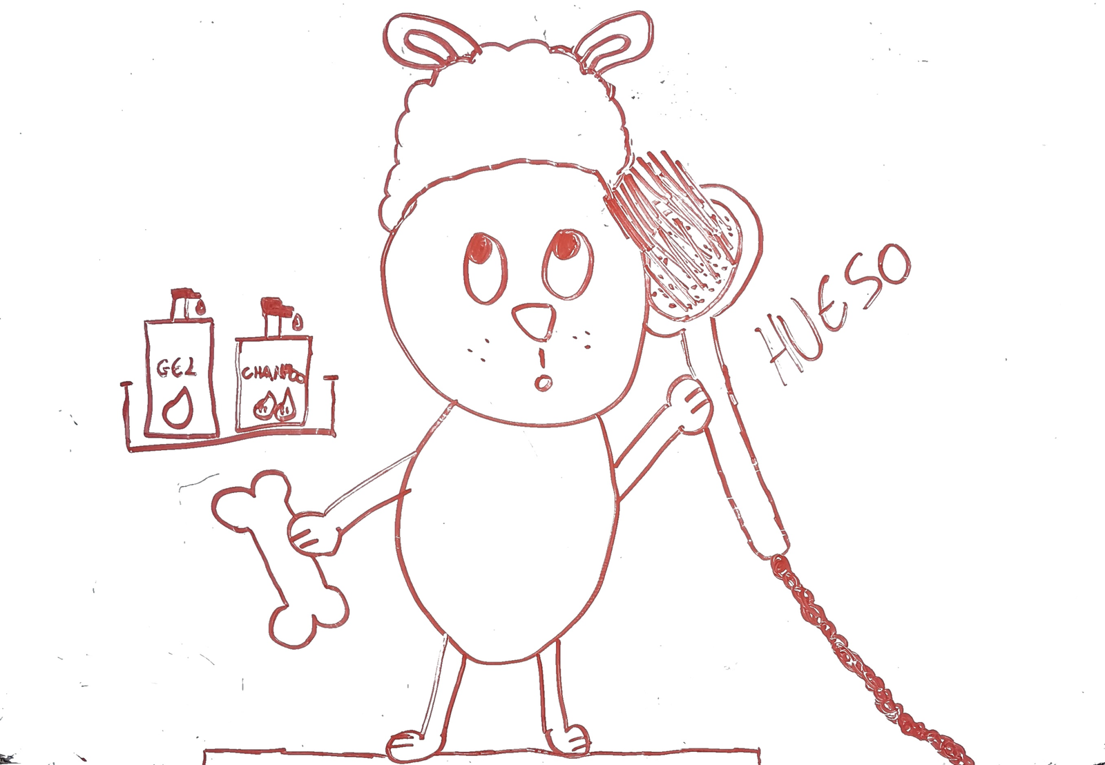 dibujo de perro en la ducha con gel y champu sujetando un hueso para colorear, hora del bano para ninos