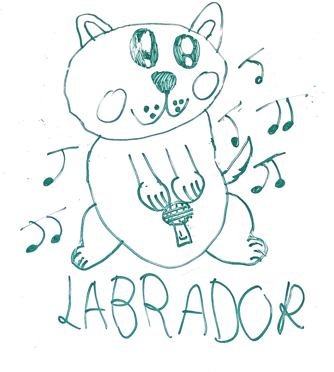 dibujo de labrador cantando con un microfono para colorear, perro cantante con notas musicales para ninos